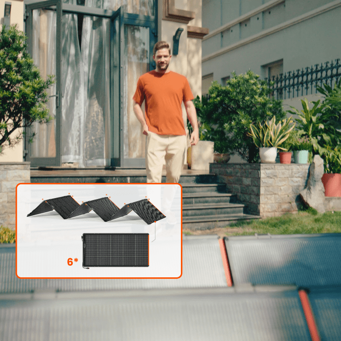 Foldable bifacial solar panels with black cells in a 6-panel layout, orange trim
