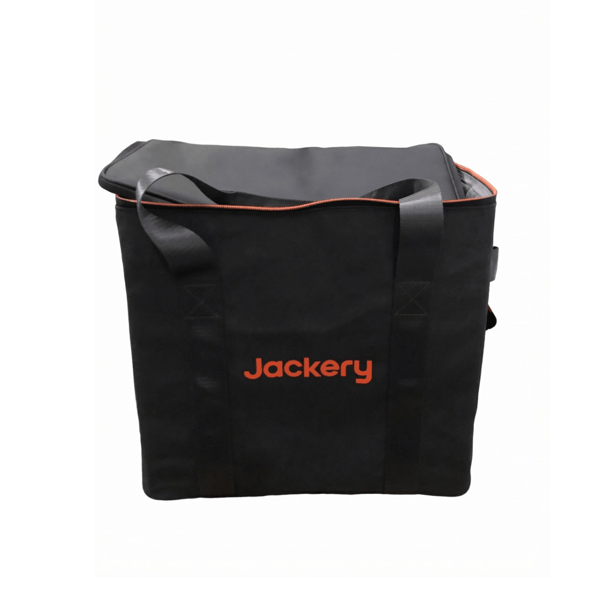 Black Jackery carrying case with orange piping and front panel, top zip closure