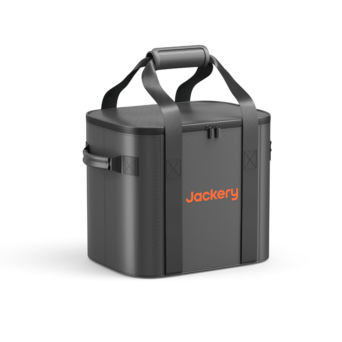 Gray Jackery carrying case with top handle and molded side panels, orange logo
