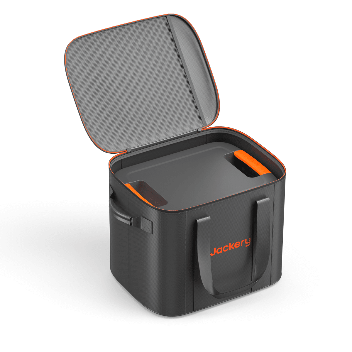 Open dark Jackery carrying case with gray interior compartments and orange trim