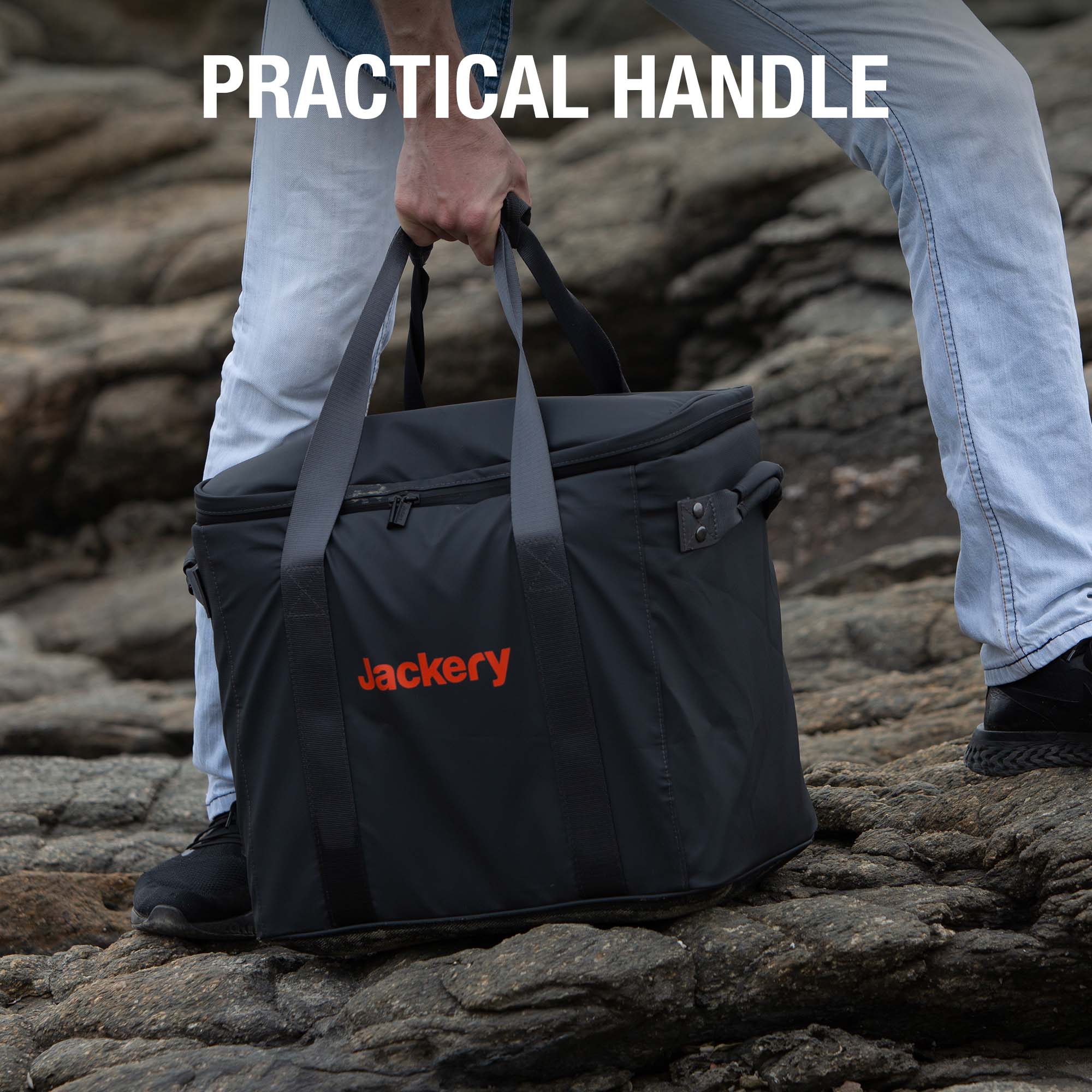 Black Jackery carrying case with dual top handles and zip pocket on the side