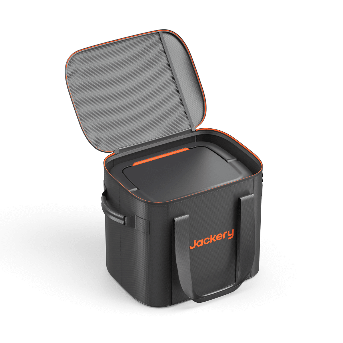 Black carrying case open with molded lid, inner pocket, and orange Jackery logo.