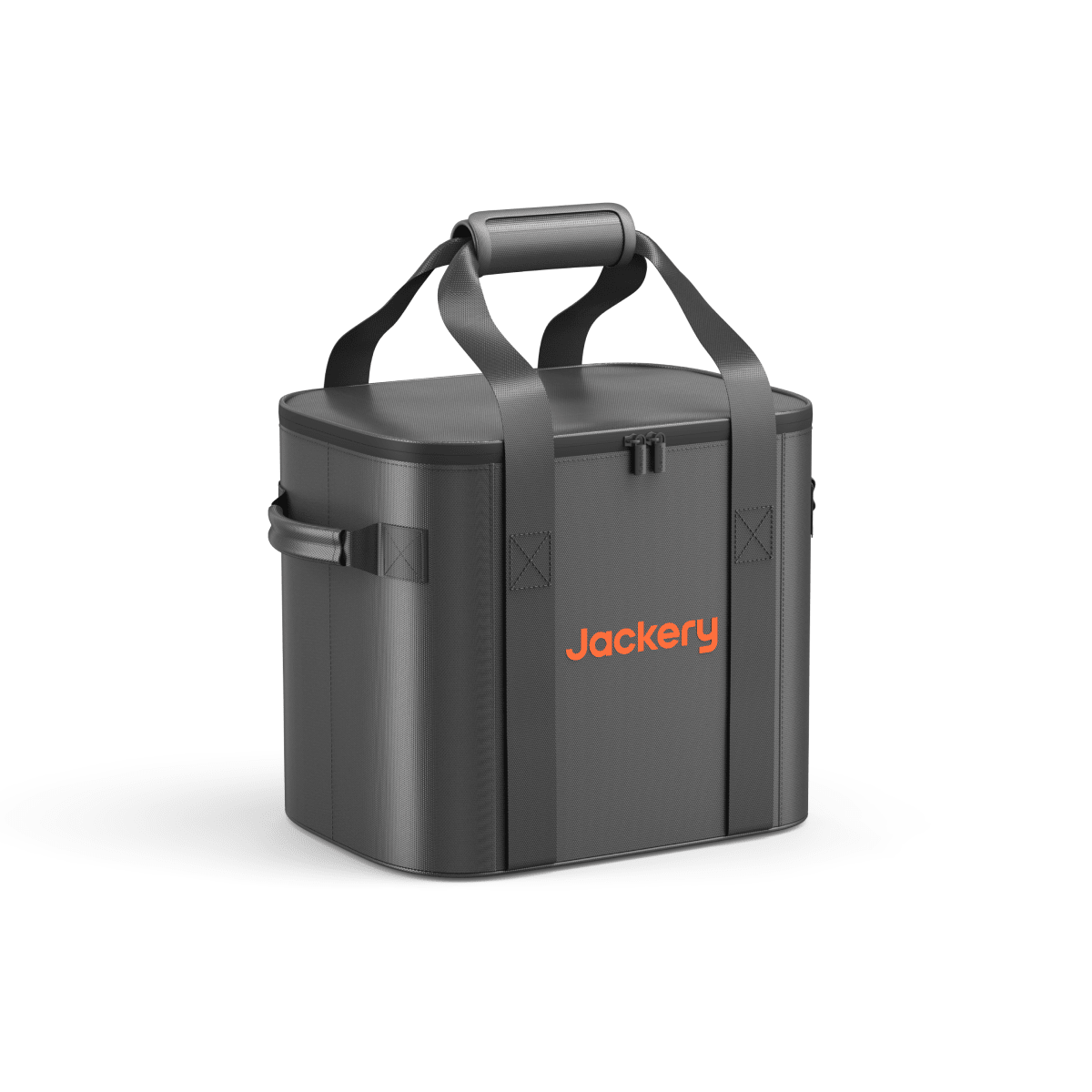 Dark gray insulated carrying case with top handle and front latch, Jackery orange logo.
