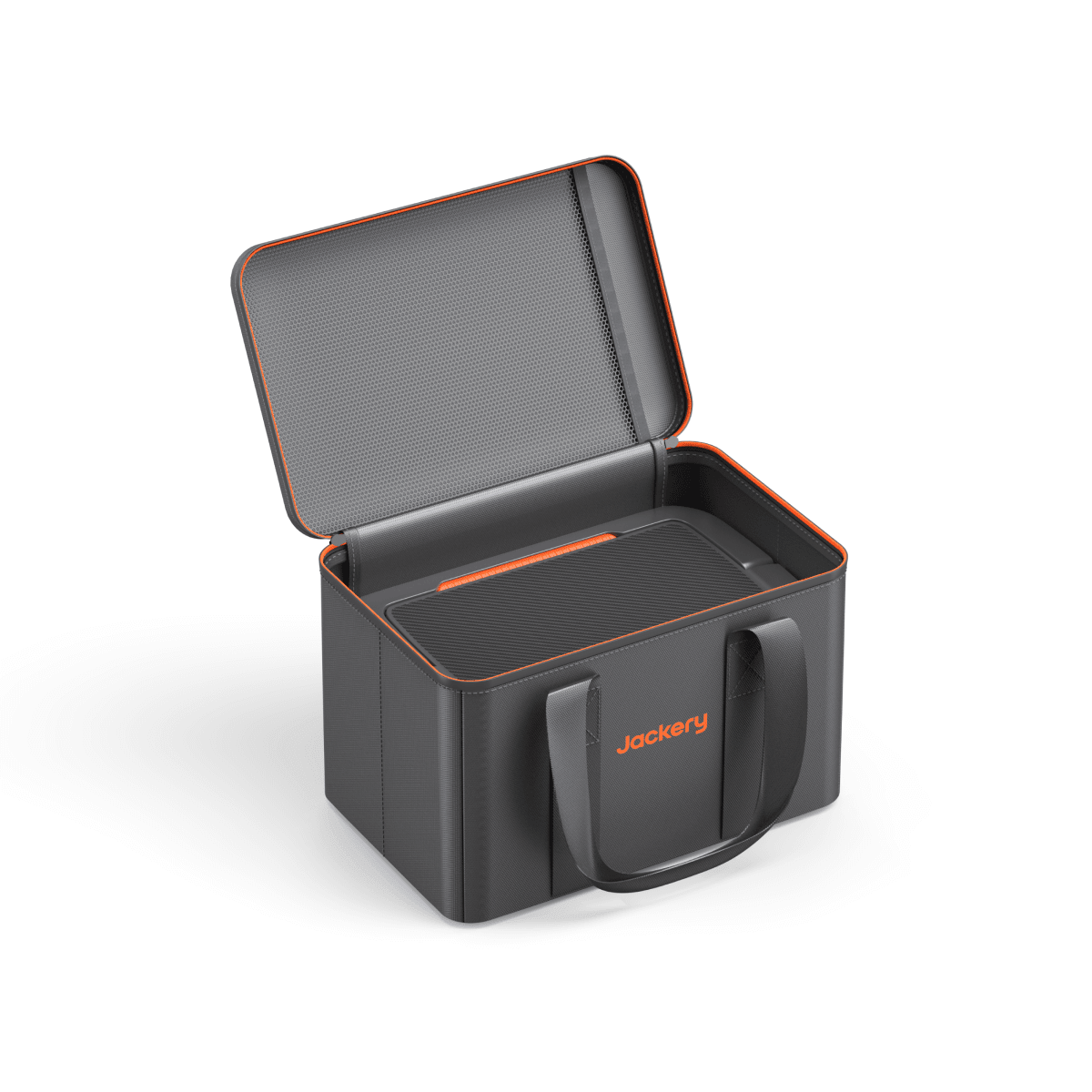 Gray zippered carrying case open, showing interior storage and side pocket handle