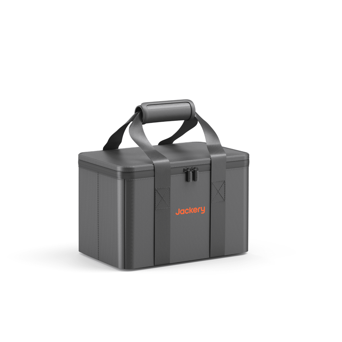 Gray hard-sided carrying case with dual handles and Jackery logo, closed