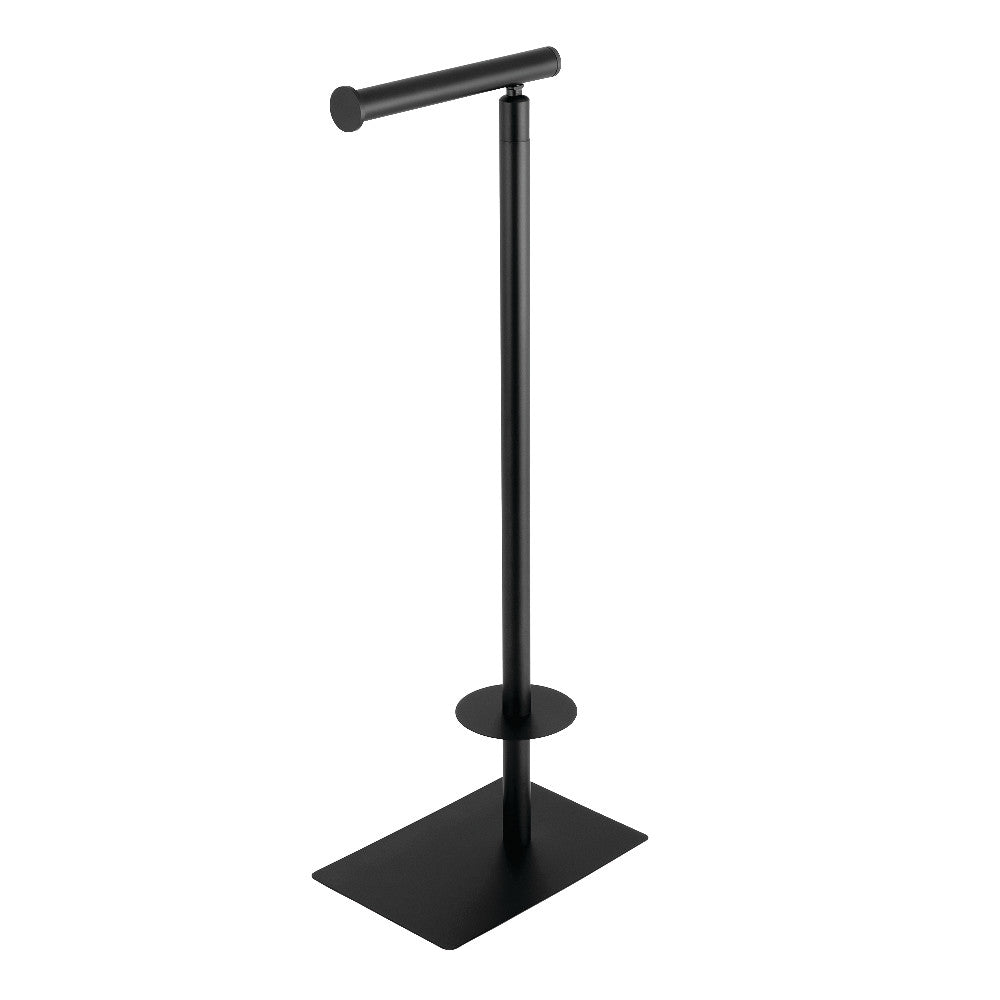 Freestanding matte black toilet paper holder with vertical post and round base