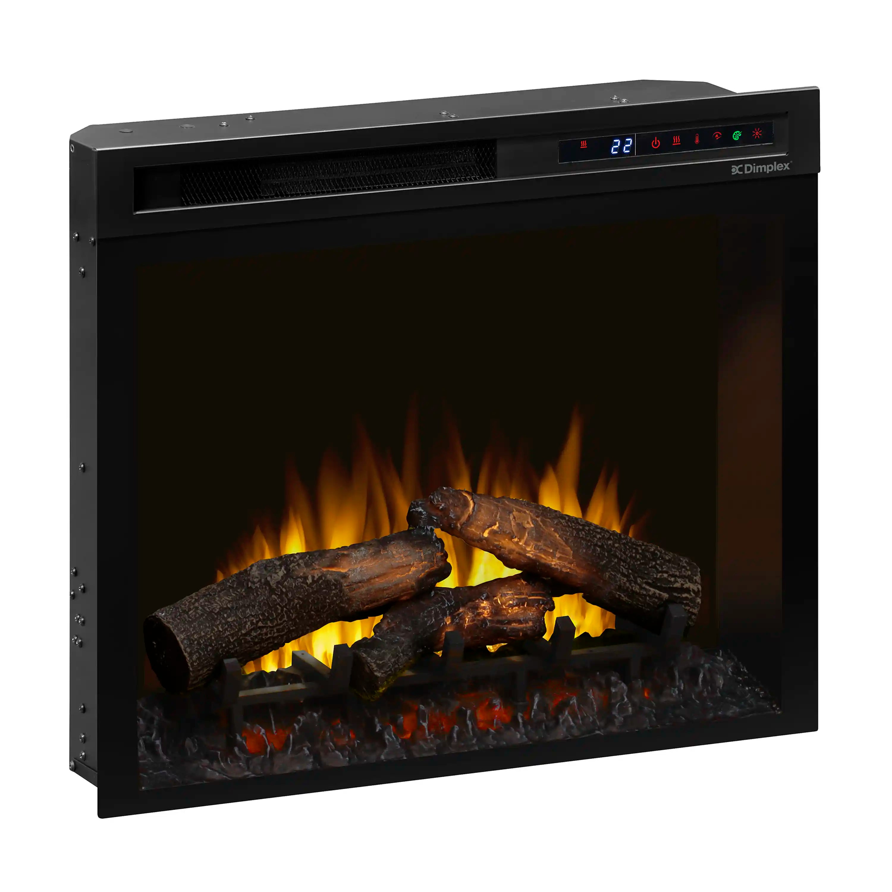 Dimplex electric firebox angled front view with glowing logs and ember bed