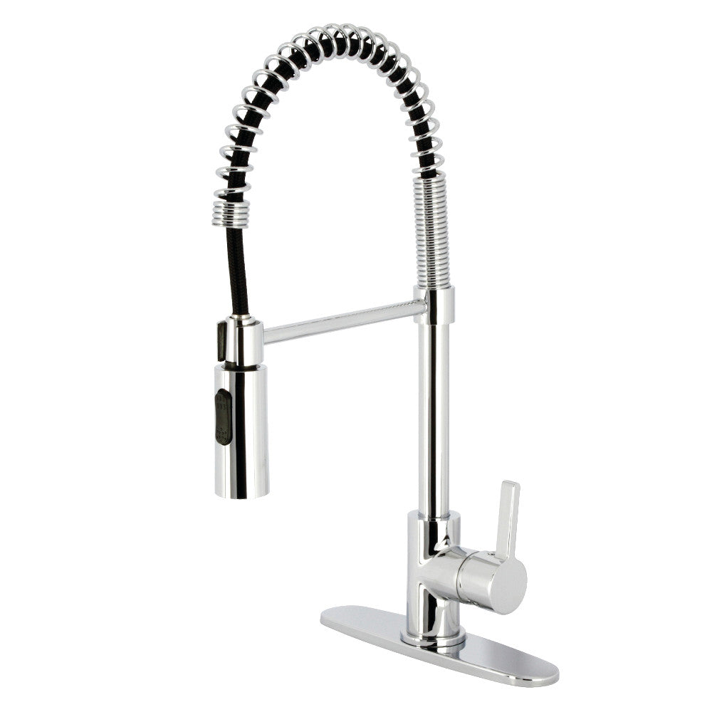 Polished chrome single-handle deck-mount pre-rinse kitchen faucet with pull-down hose