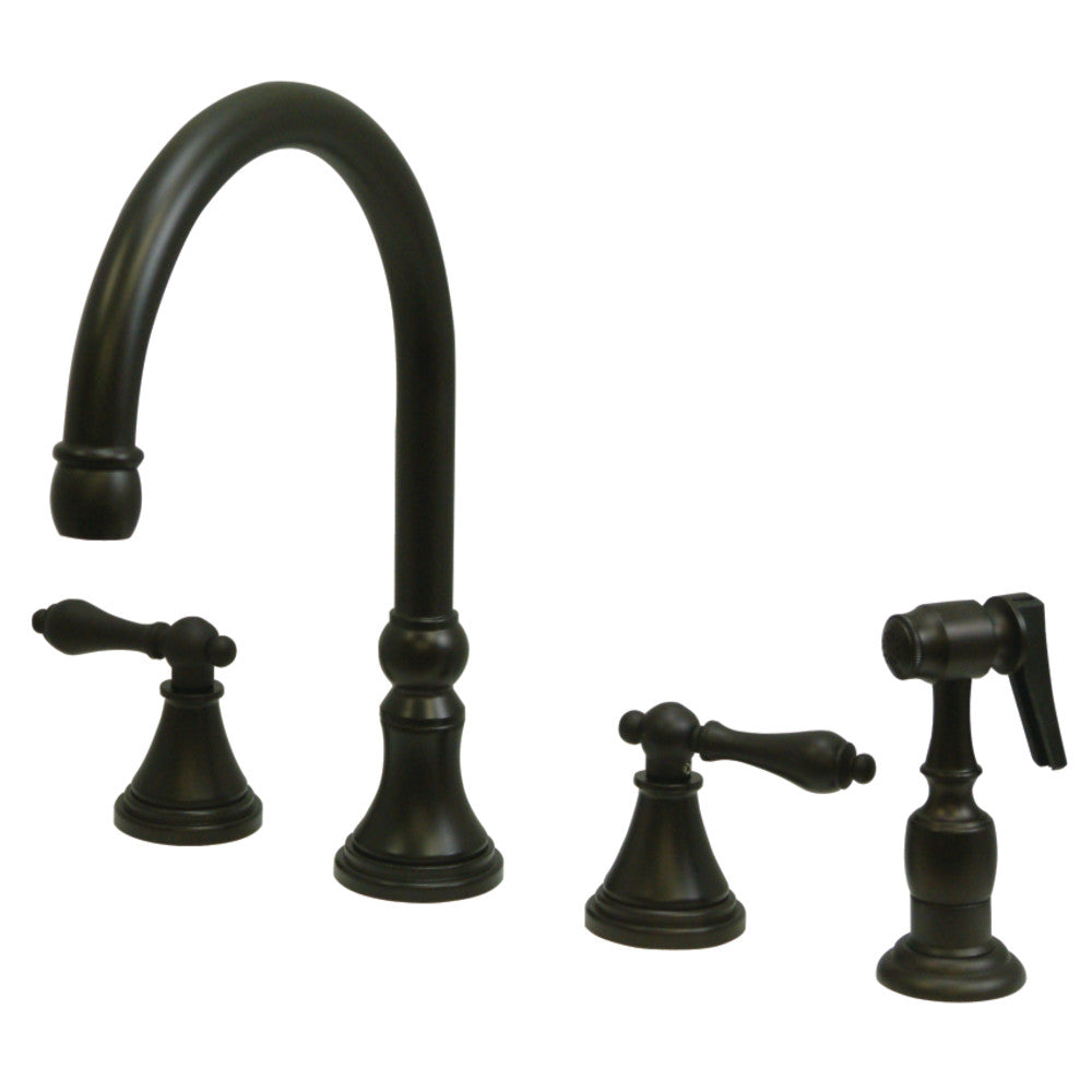 Oil rubbed bronze widespread kitchen faucet with double handles and brass sprayer