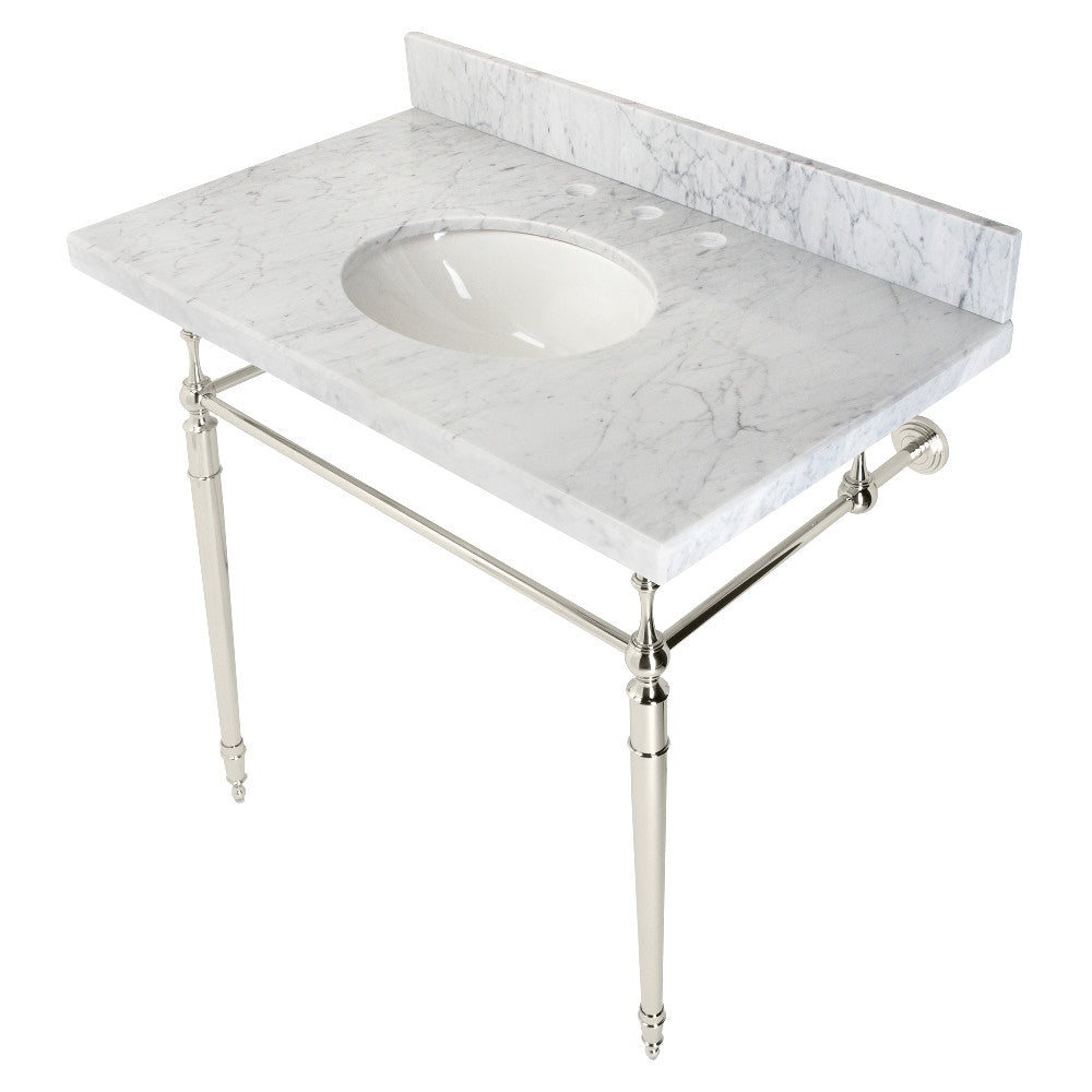 Carrara marble console sink with oval basin and polished metal legs, marble white