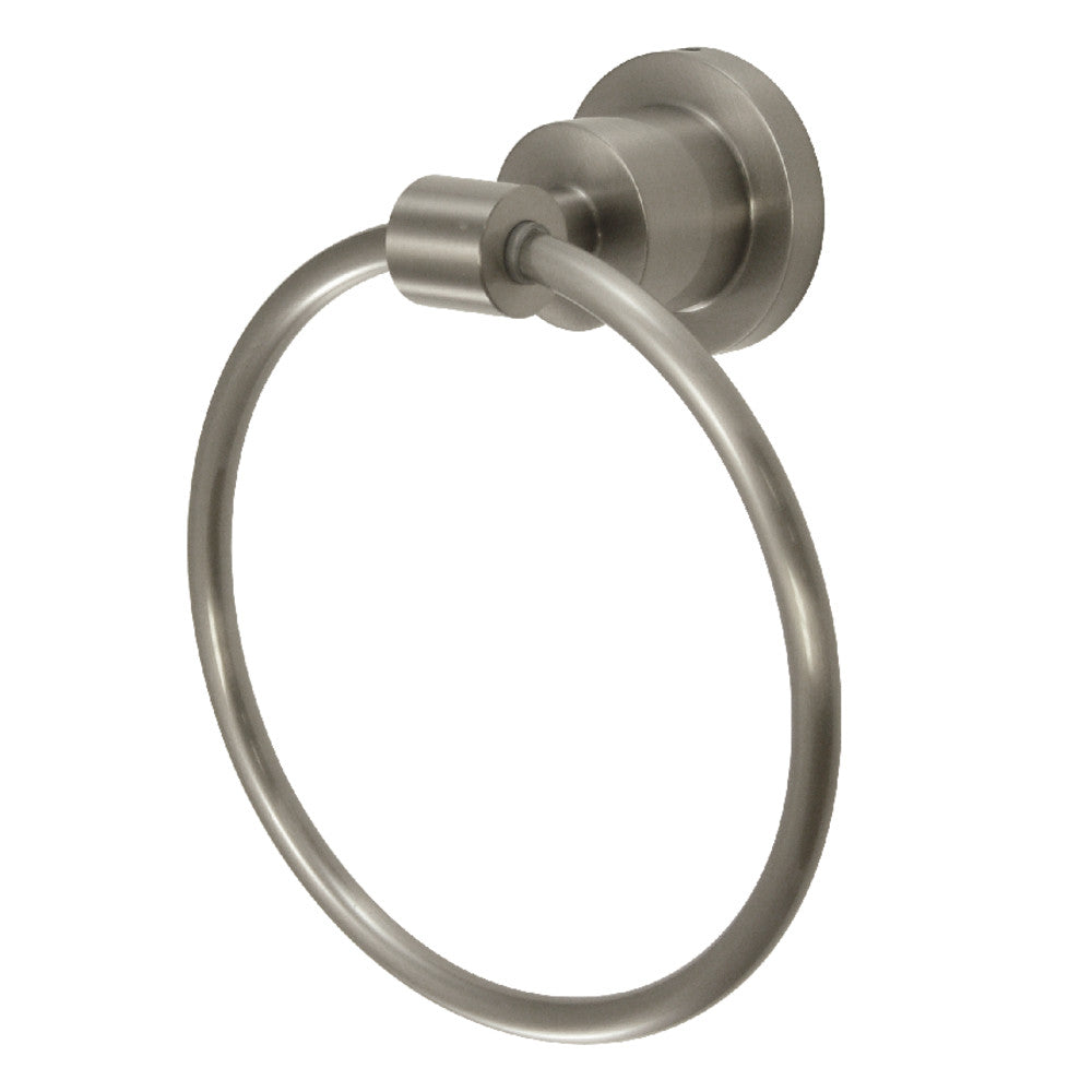 Brushed nickel towel ring with circular loop and round wall mount