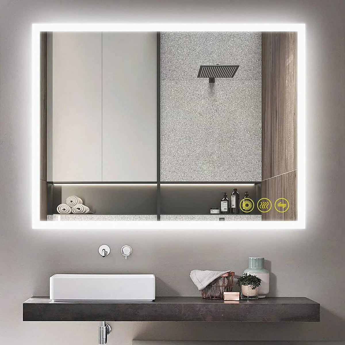 Frameless LED bathroom vanity mirror, wide horizontal rectangle with glowing white perimeter border