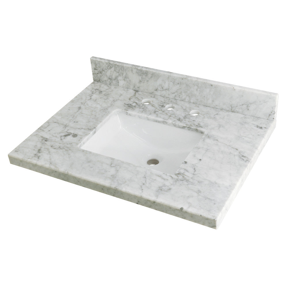 Carrara marble vanity top with rectangular sink and faucet holes
