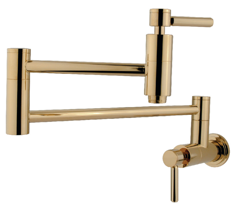 Wall-mount pot filler faucet in polished brass with cross handles and spout outlets