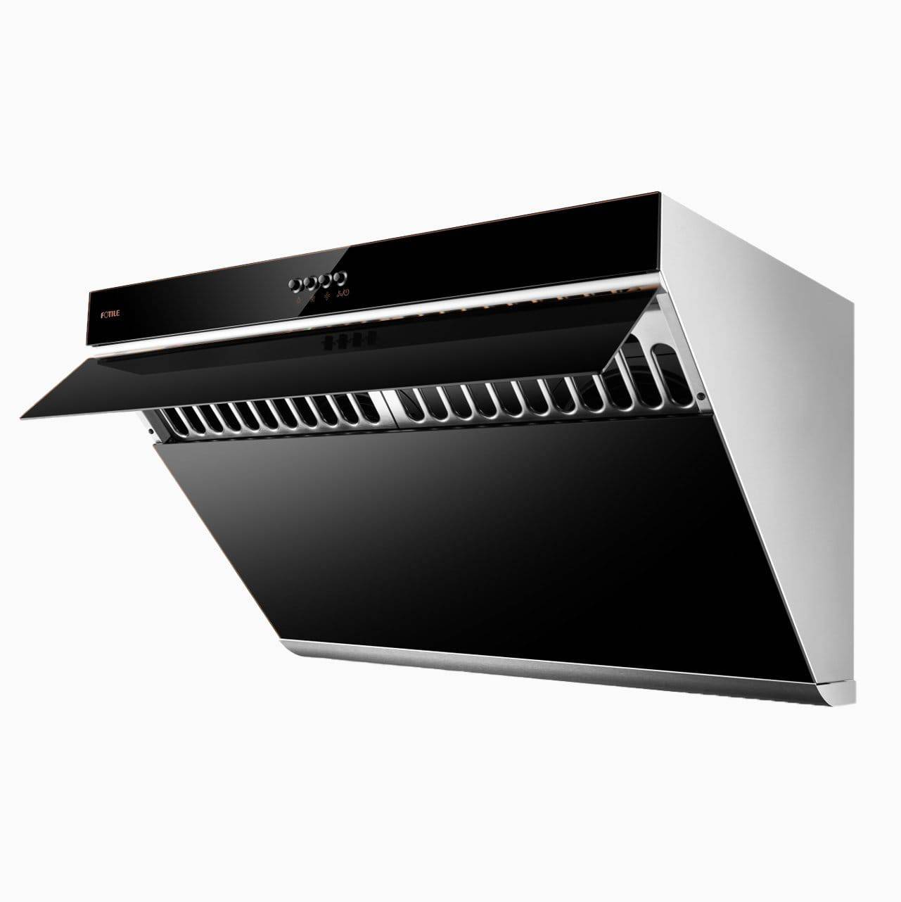 Slant range hood in onyx black tempered glass with push-button controls