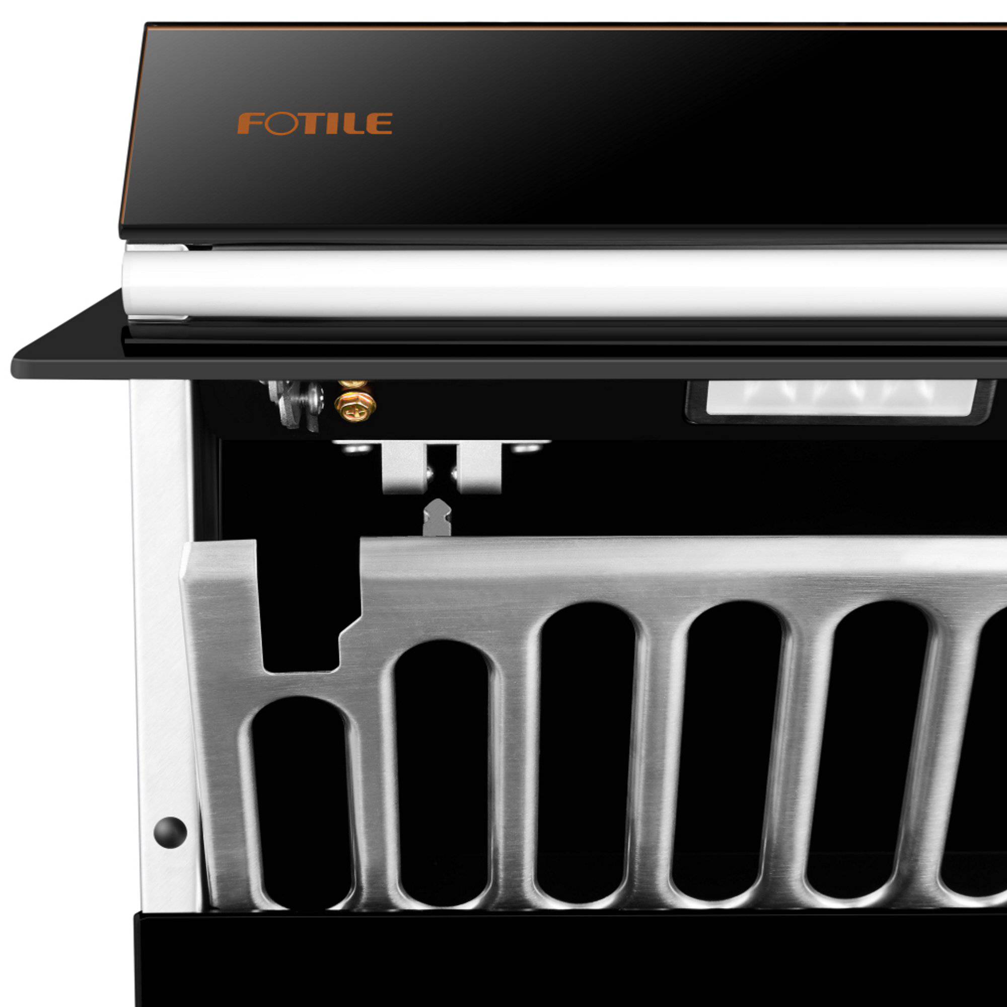 Close-up of slant range hood interior baffle area with dual LED light