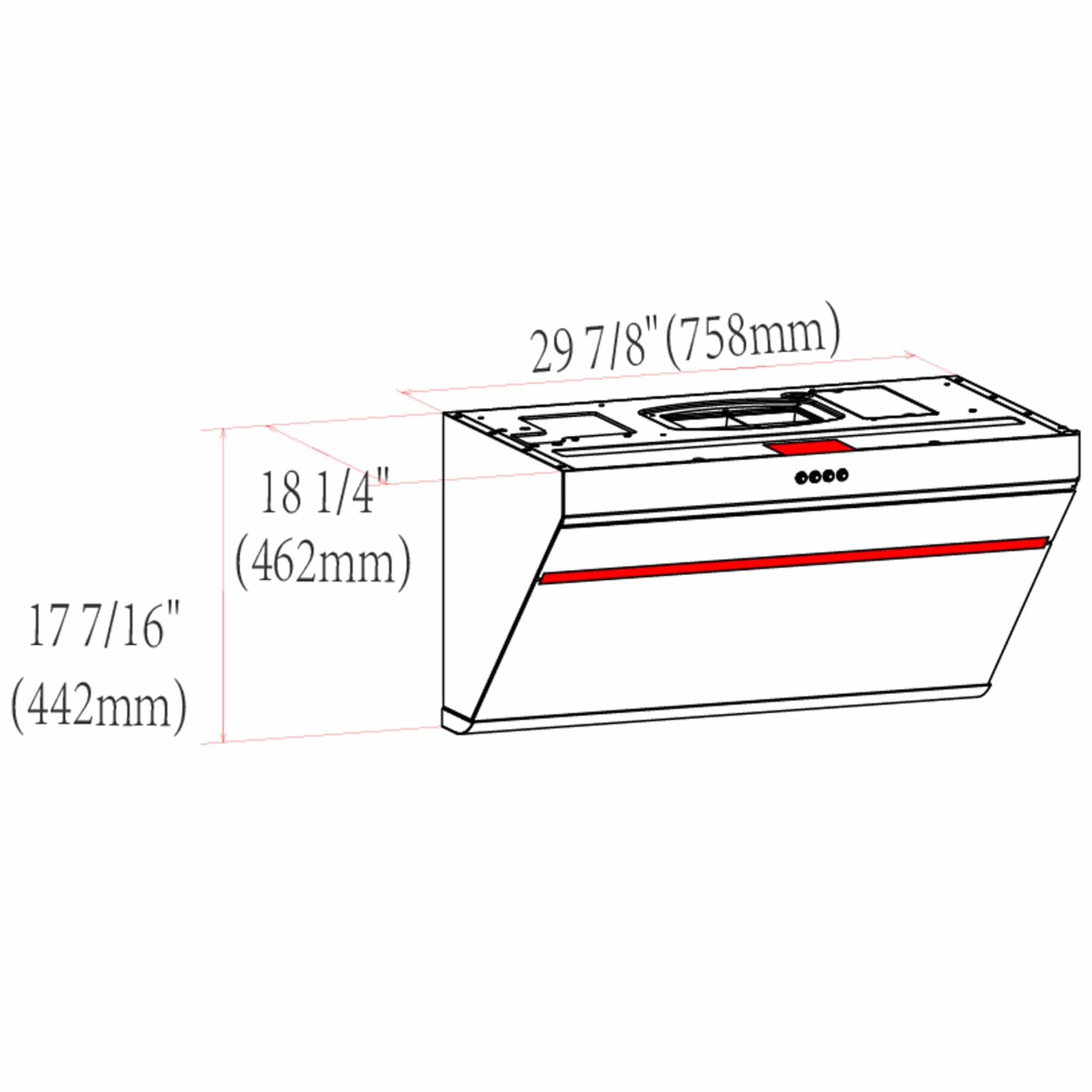 Slant range hood dimensions diagram showing overall size