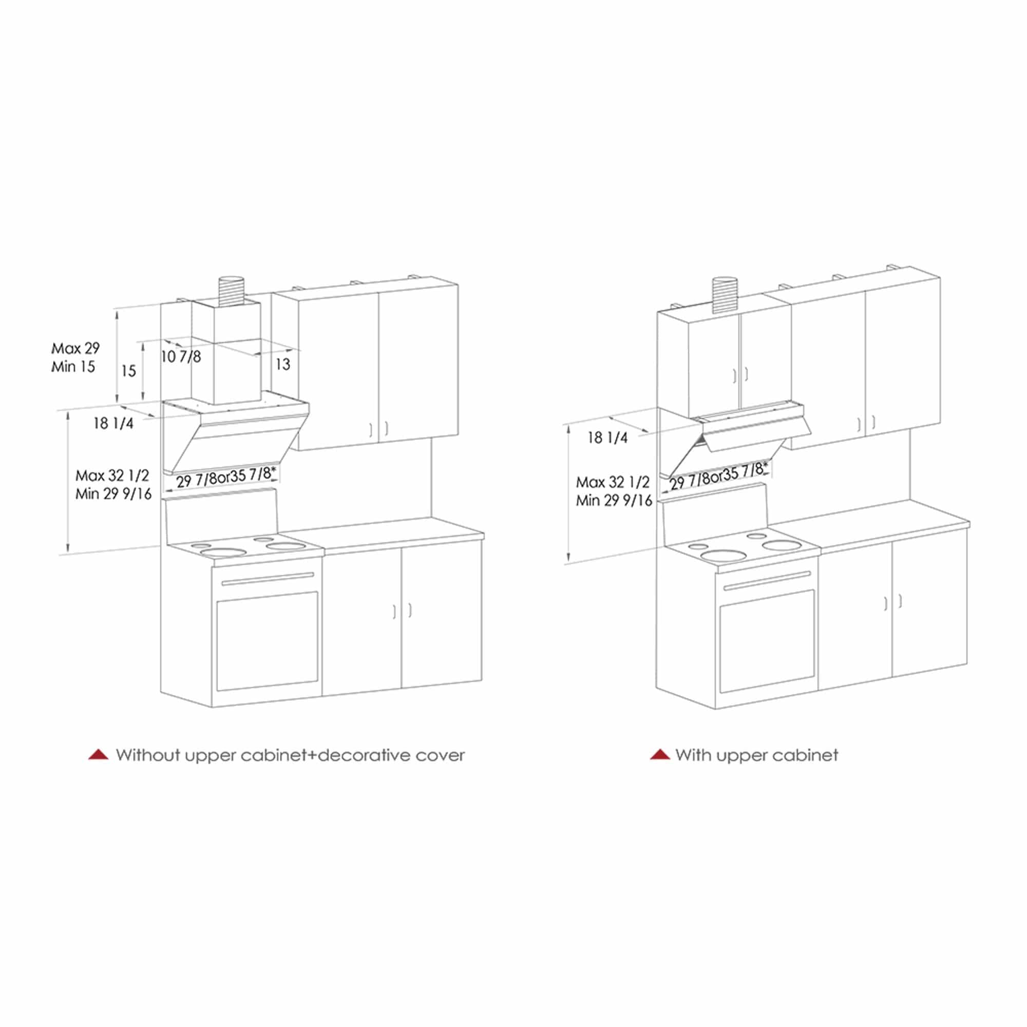 Range hood installation clearance diagram for upper cabinet mounting