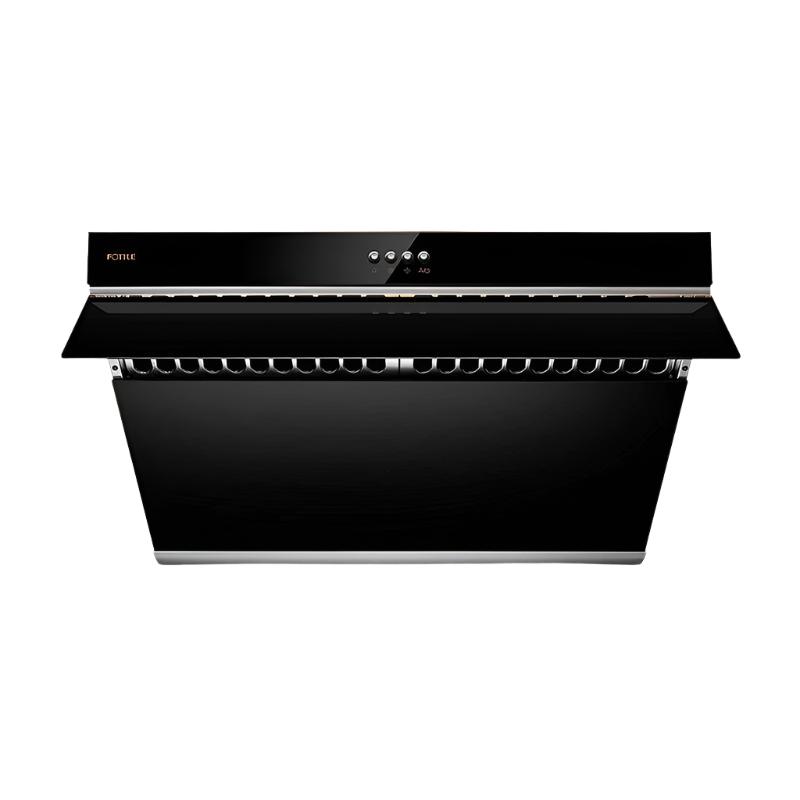 Slant range hood in onyx black tempered glass with control panel and vent grille
