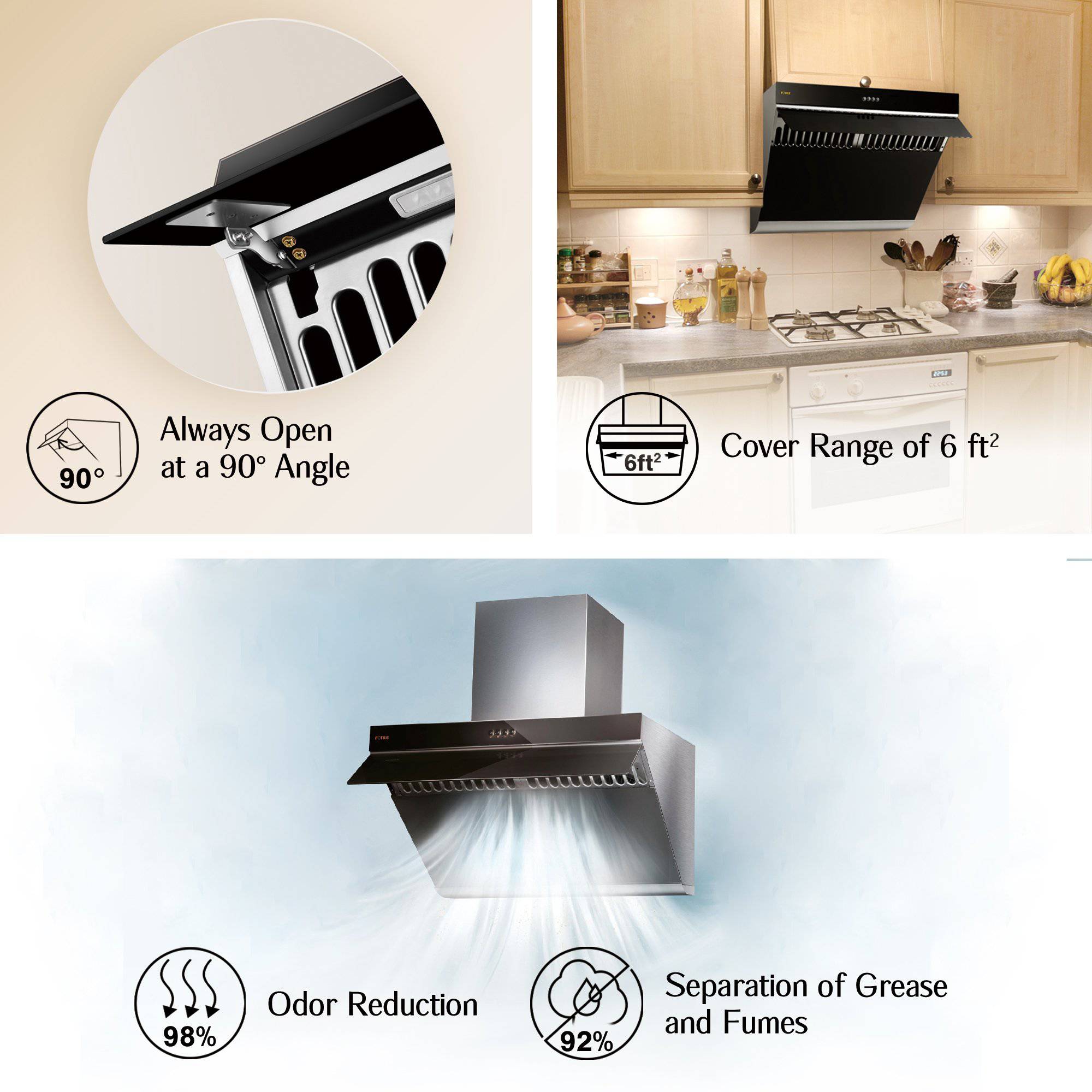 Slant range hood with angled canopy and dual LED light openings