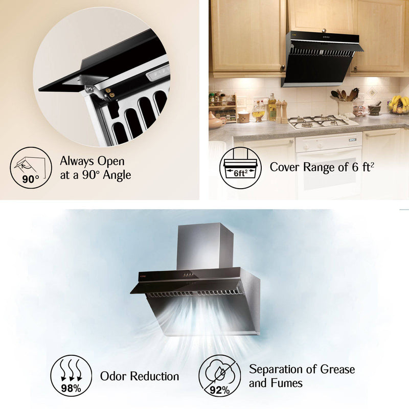 Fotile Slant Vent Series 30" 850 CFM Under Cabinet or Wall Mount Range Hood with 2 LED lights, and Push Buttons in Onyx Black Tempered Glass (JQG7522)