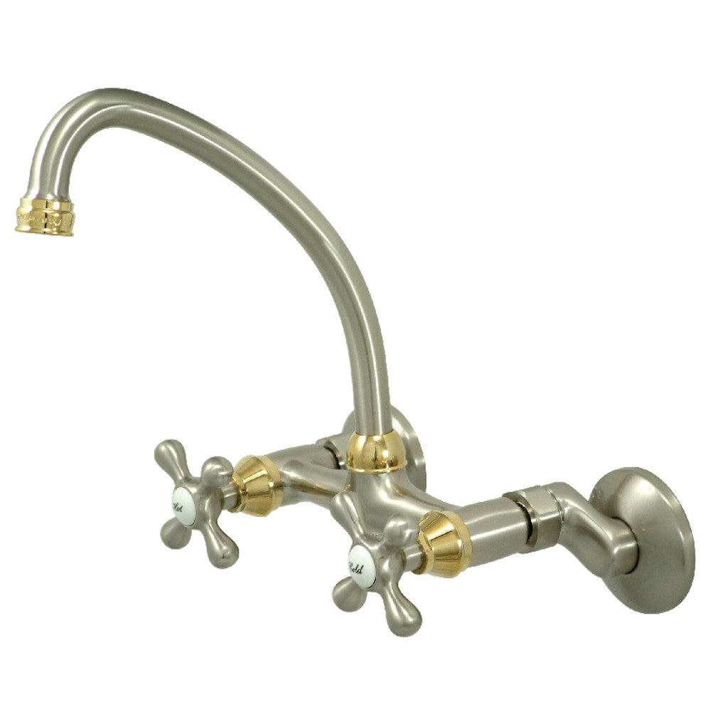 Wall-mount bridge kitchen faucet with double handles, brushed nickel and polished brass accents