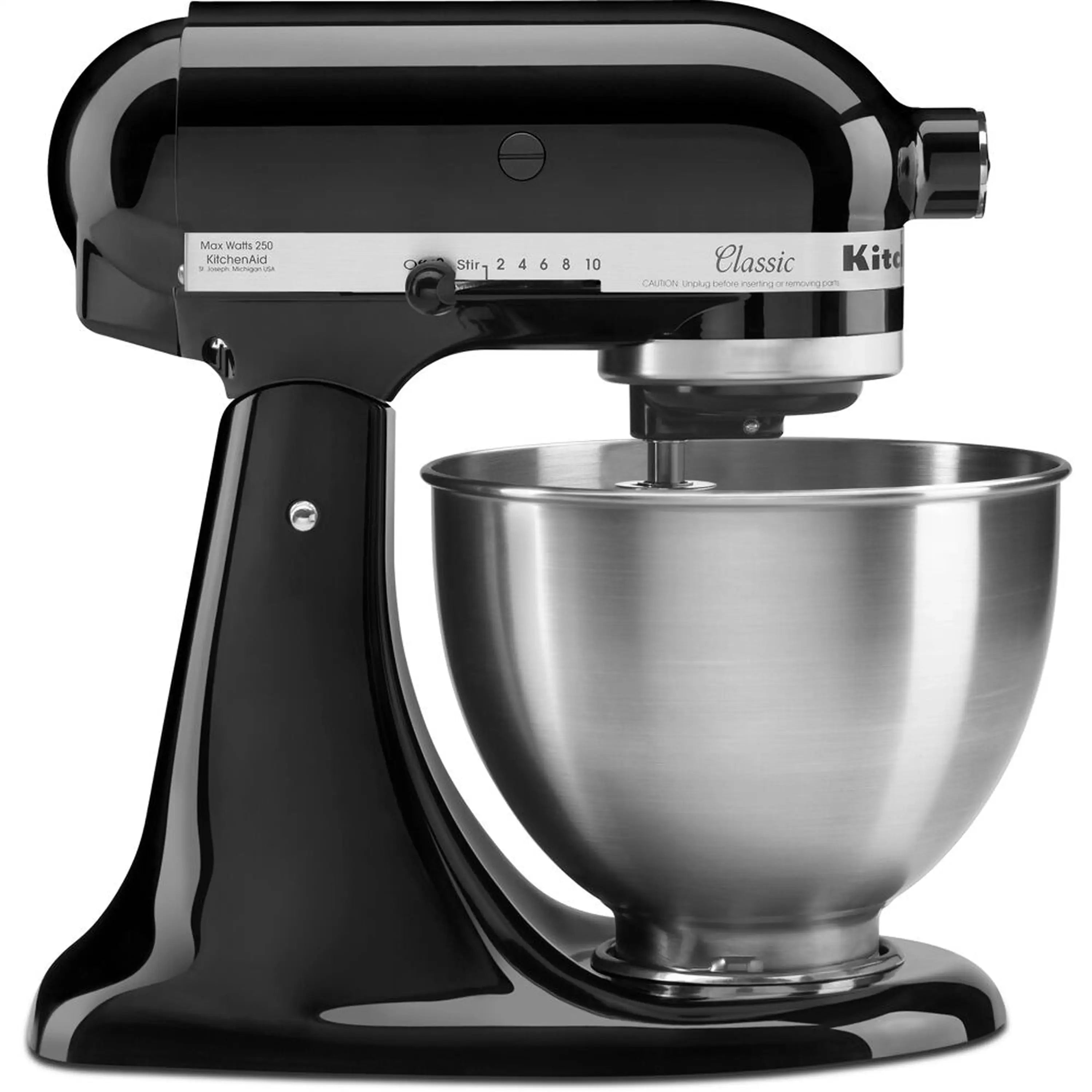 Onyx black tilt-head stand mixer with stainless steel mixing bowl