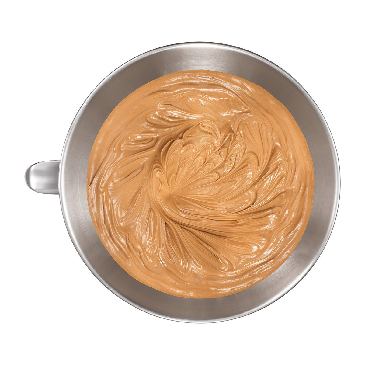Stainless steel mixing bowl filled with beige batter and swirled texture