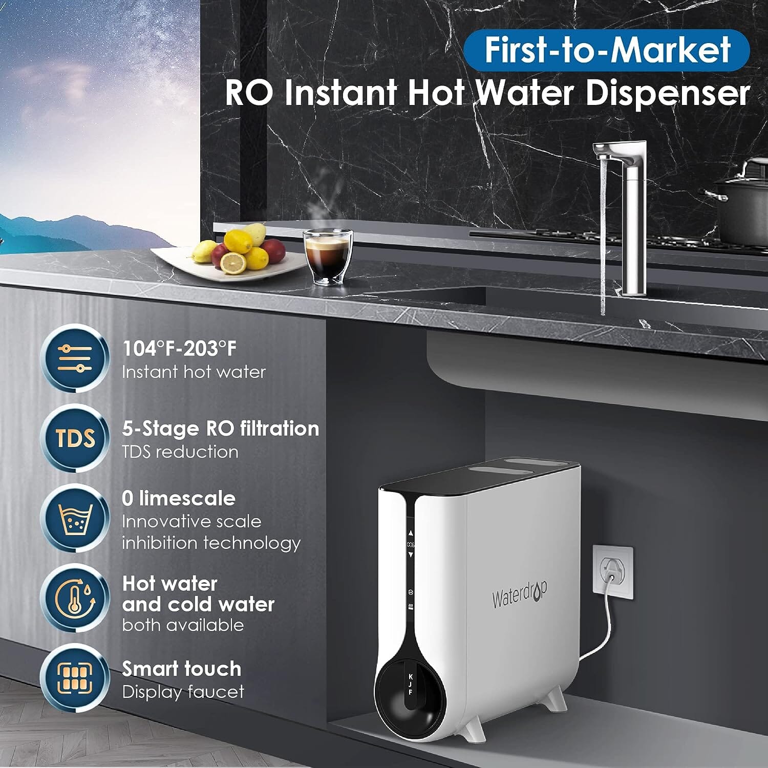 White reverse osmosis instant hot water dispenser with chrome faucet on countertop