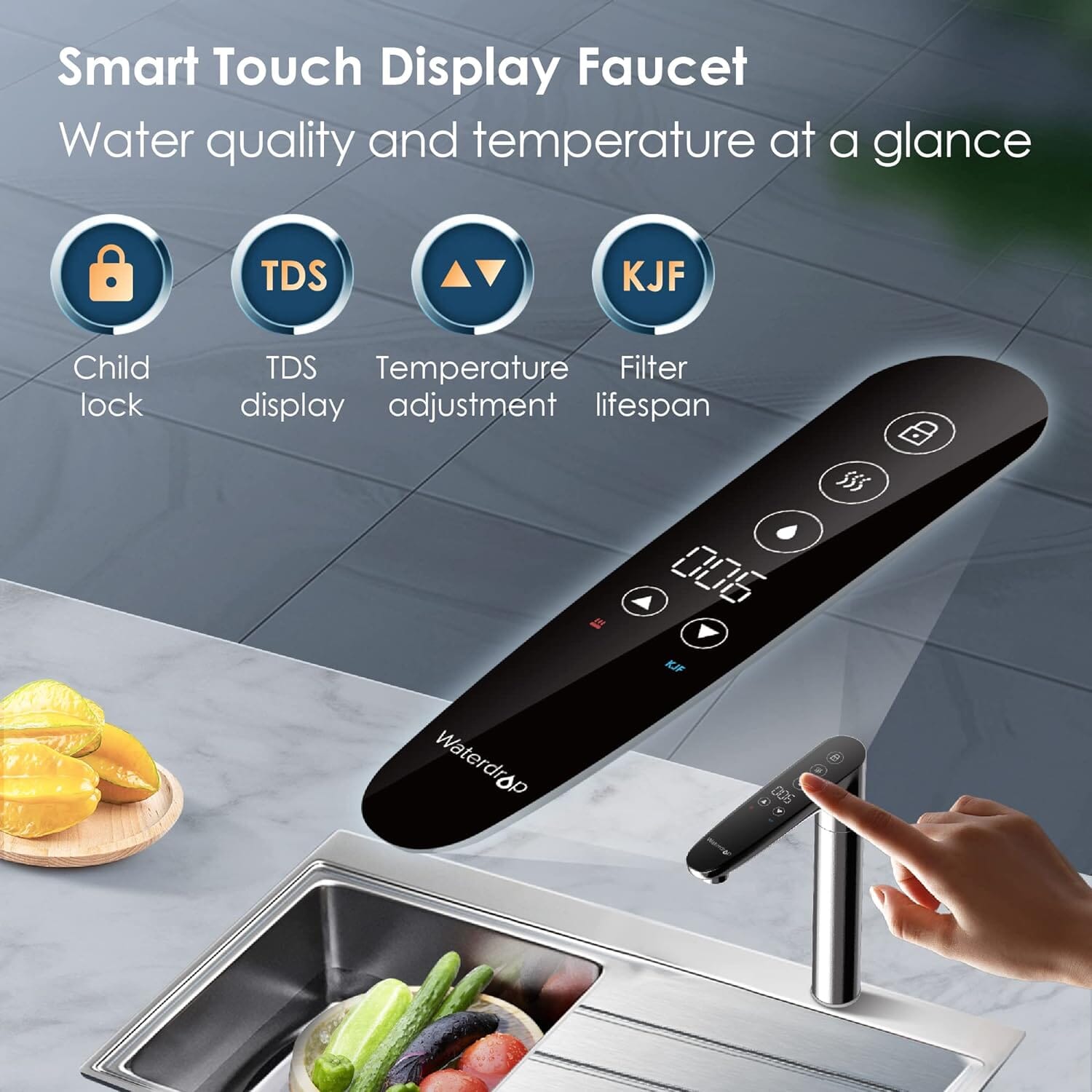 Smart touch display faucet panel and dispenser with temperature and filter icons