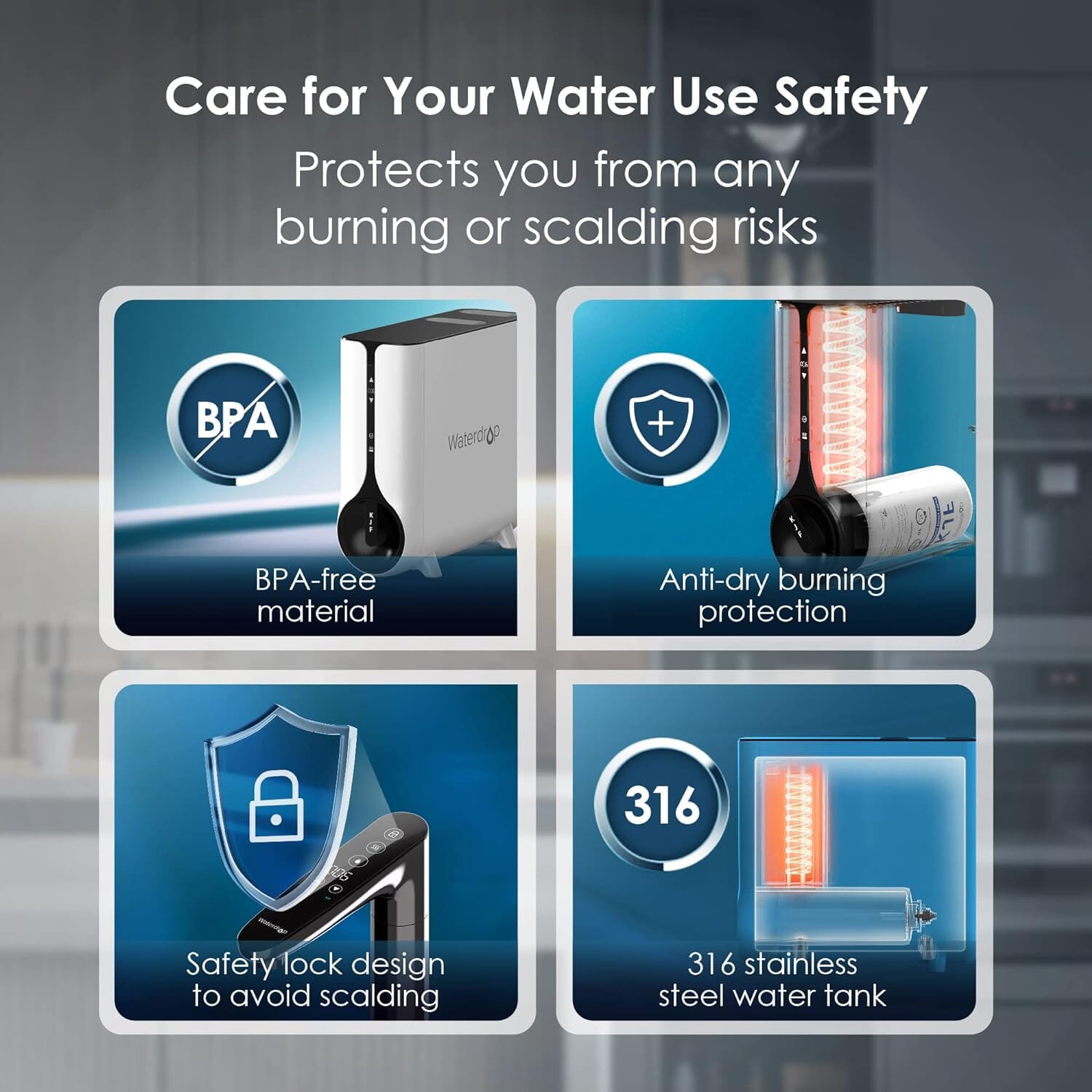 Safety feature labels for instant hot water dispenser including BPA-free and 316 stainless