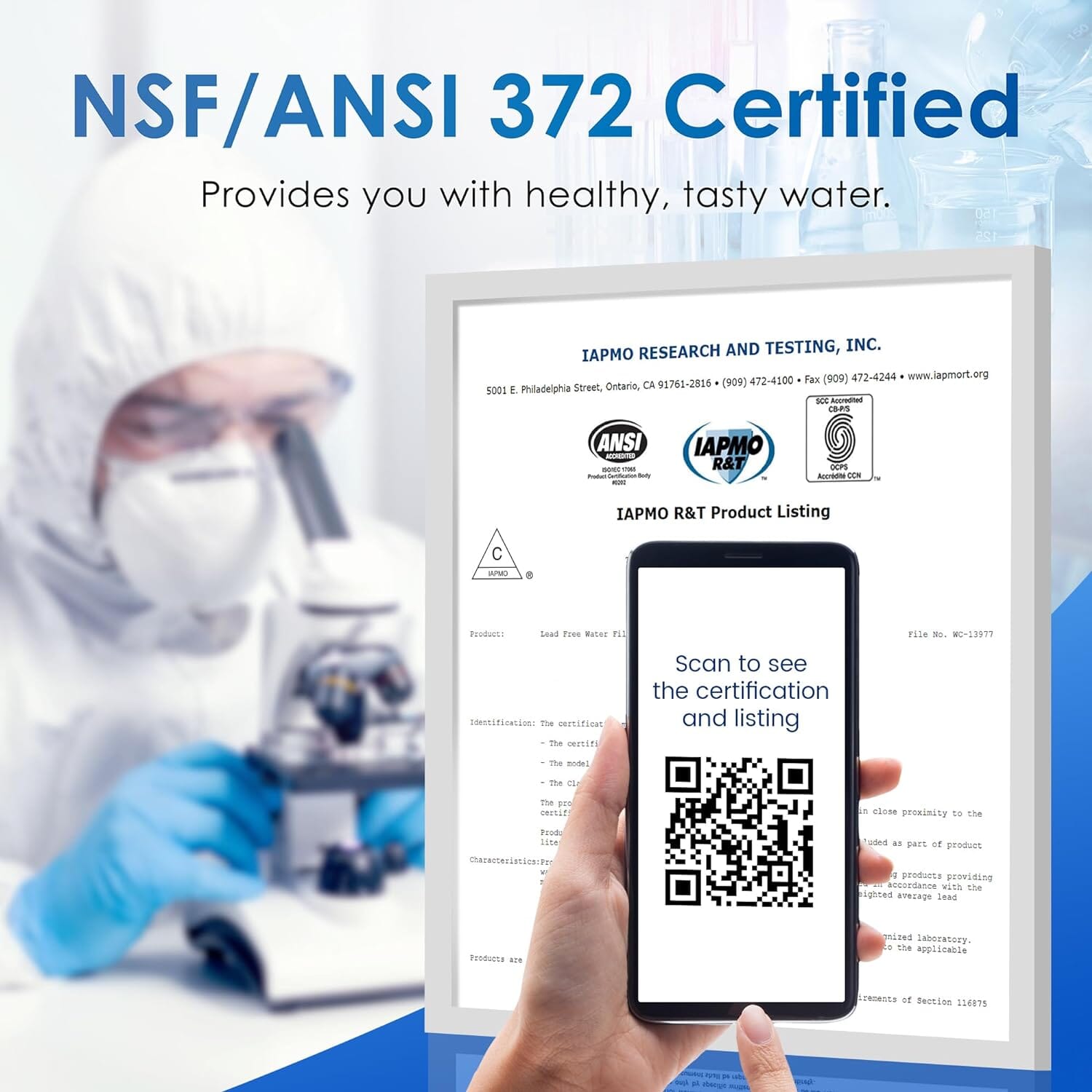 Hot water dispenser certification QR code on smartphone screen