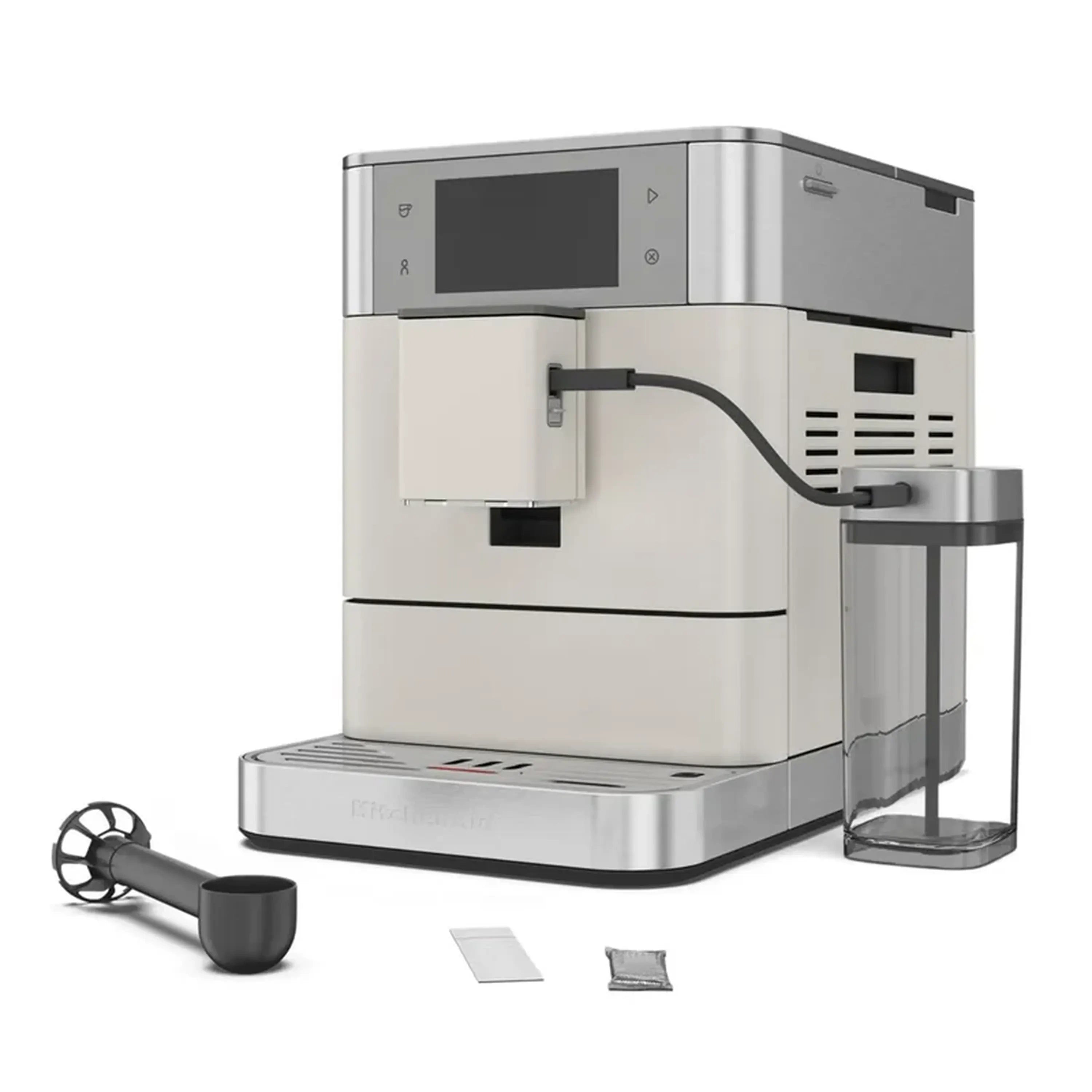 Porcelain white fully automatic espresso machine with milk carafe and bean hopper