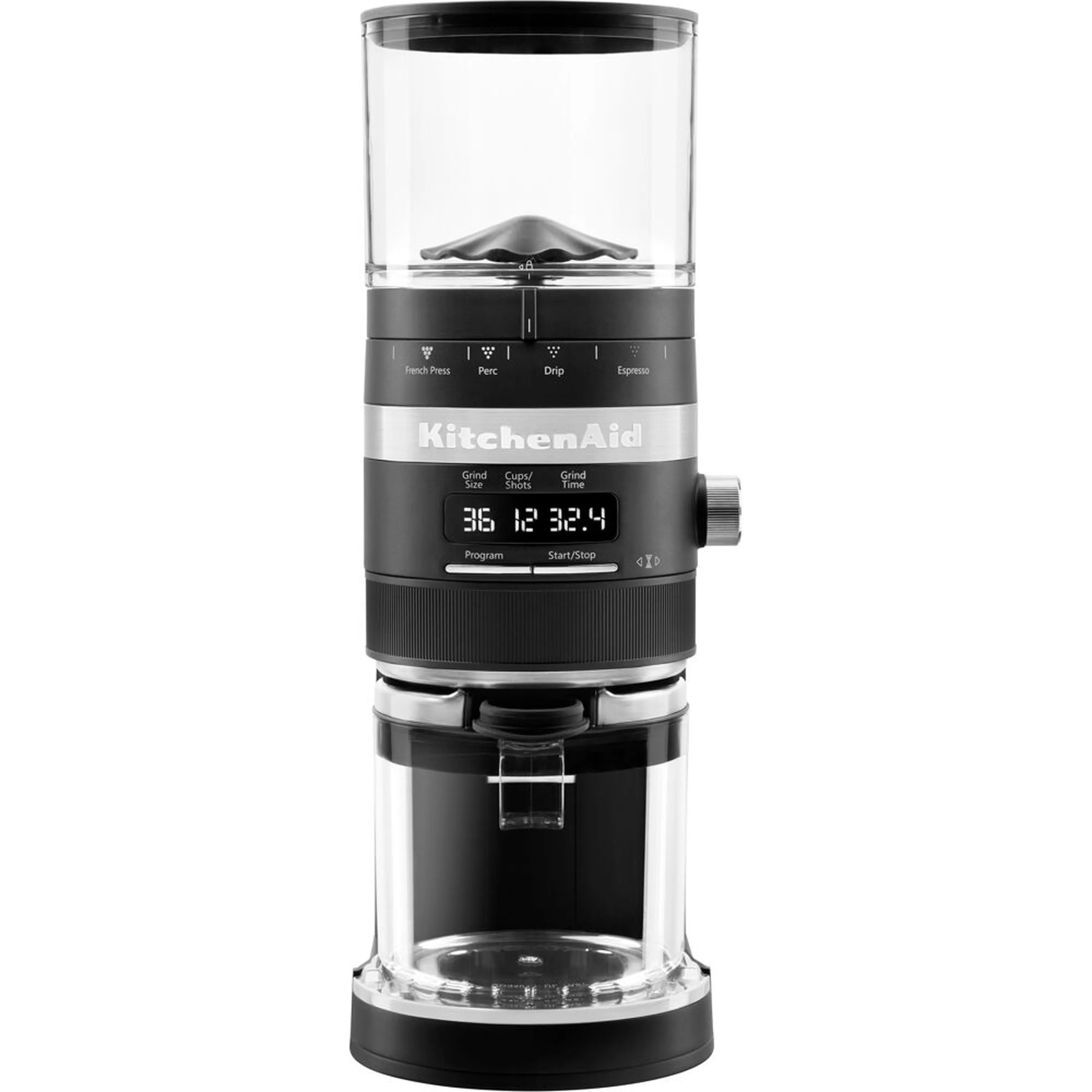Black matte burr coffee grinder with clear bean hopper and control panel, KitchenAid