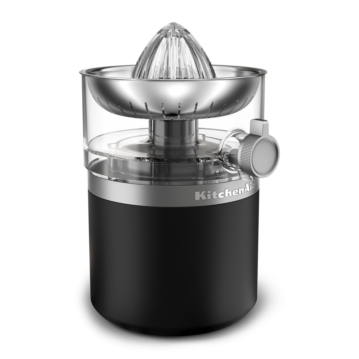 Black matte cordless citrus juicer viewed from front with stainless reamer and spout