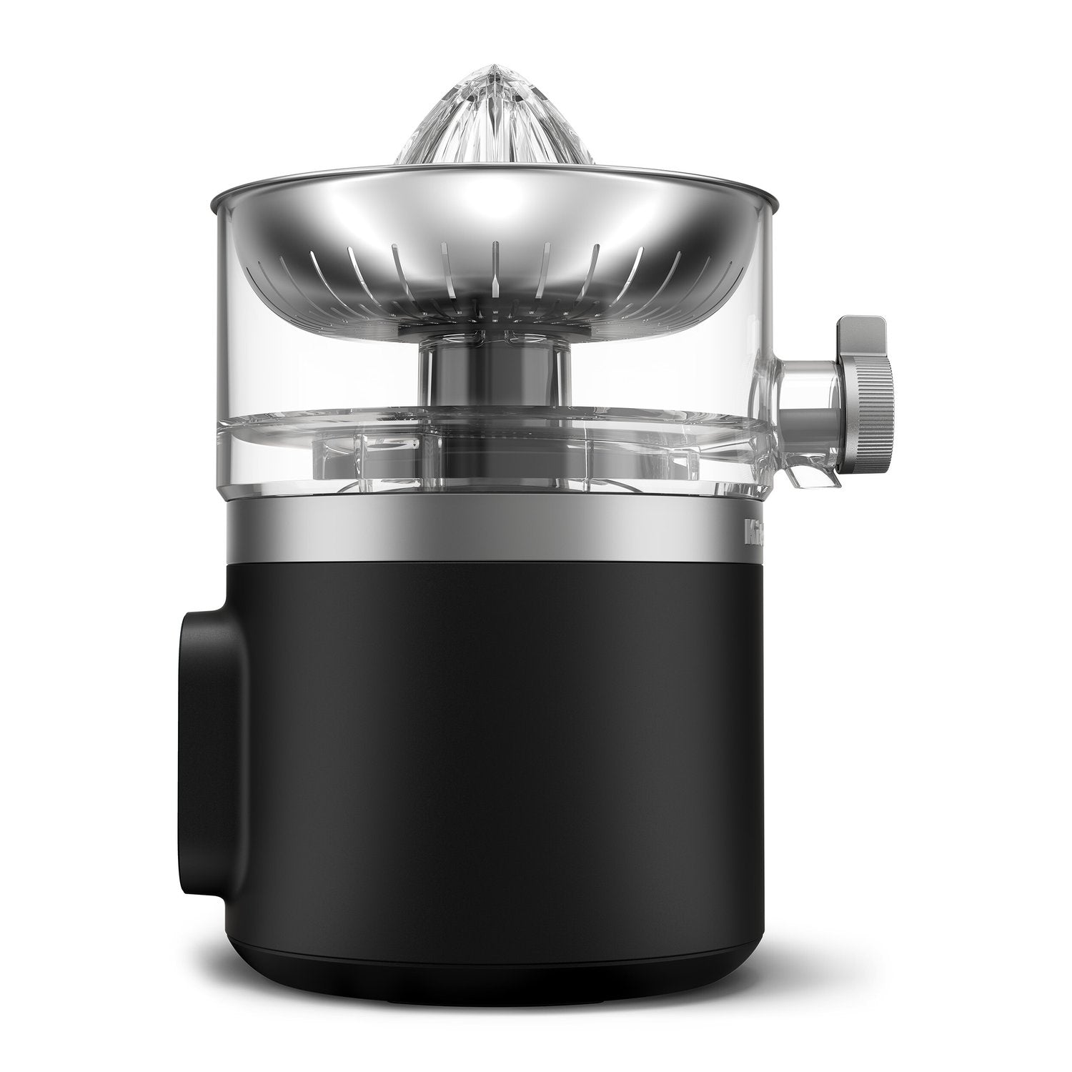 Black matte cordless citrus juicer with clear chamber and stainless reamer cone