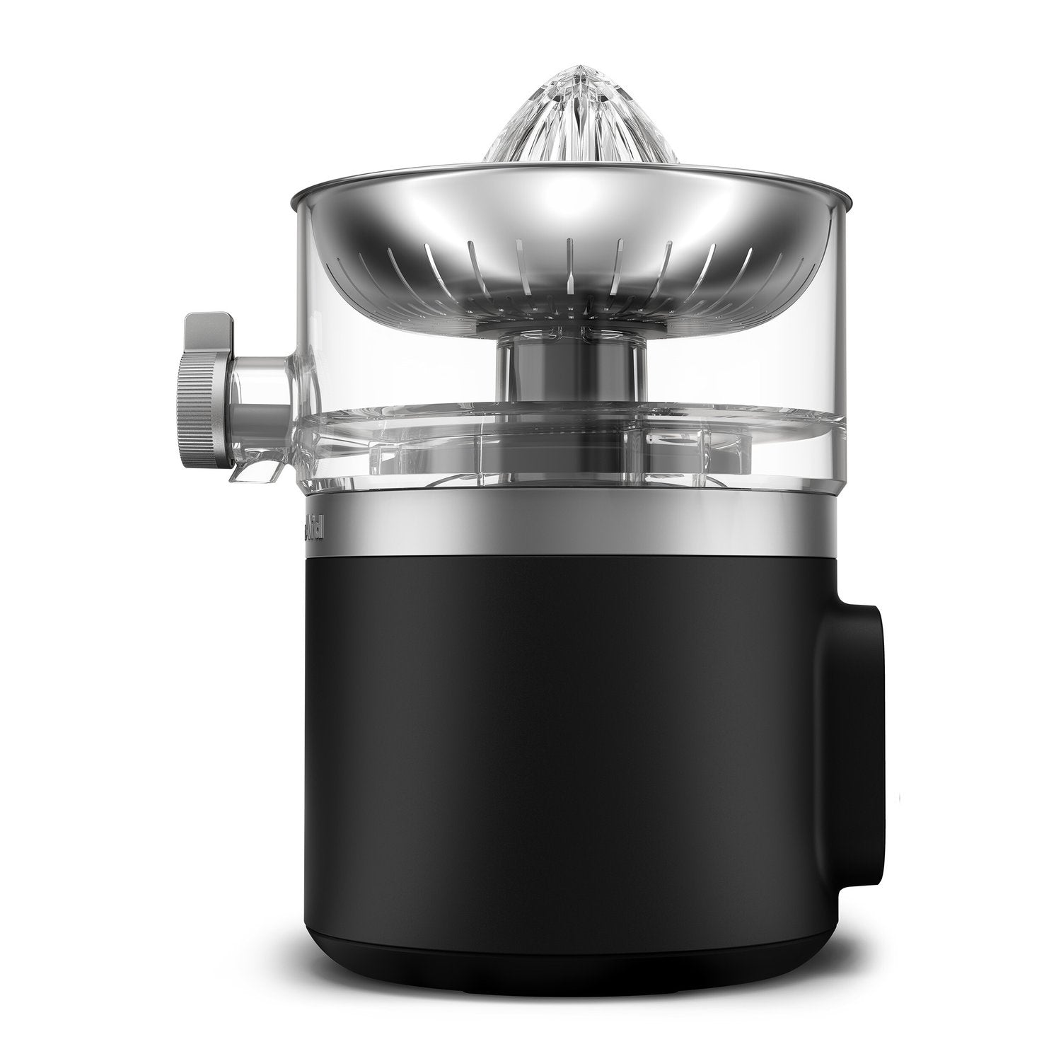 Cordless citrus juicer with side knob, clear strainer housing, black base