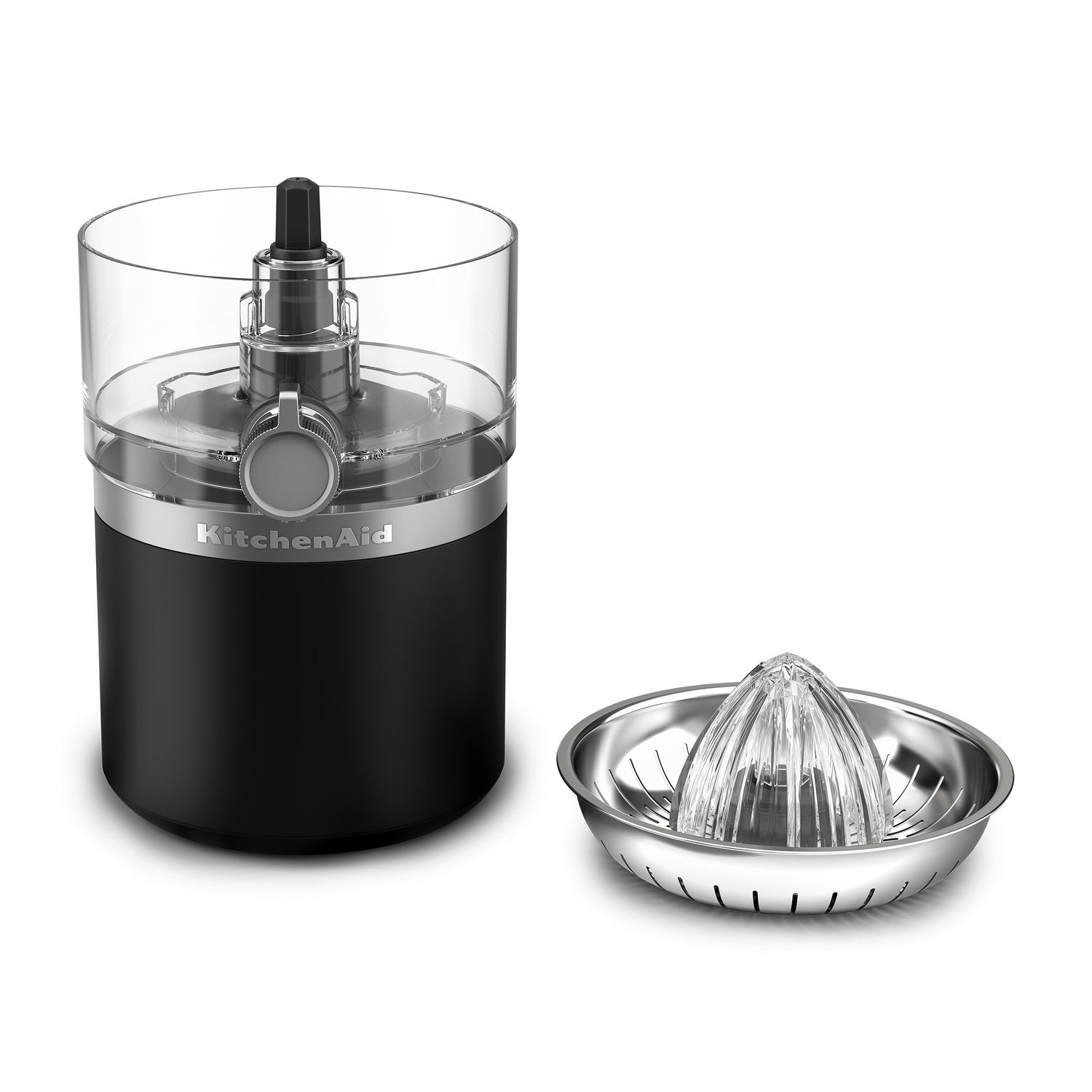 Black matte cordless citrus juicer with clear chamber and stainless reamer cone