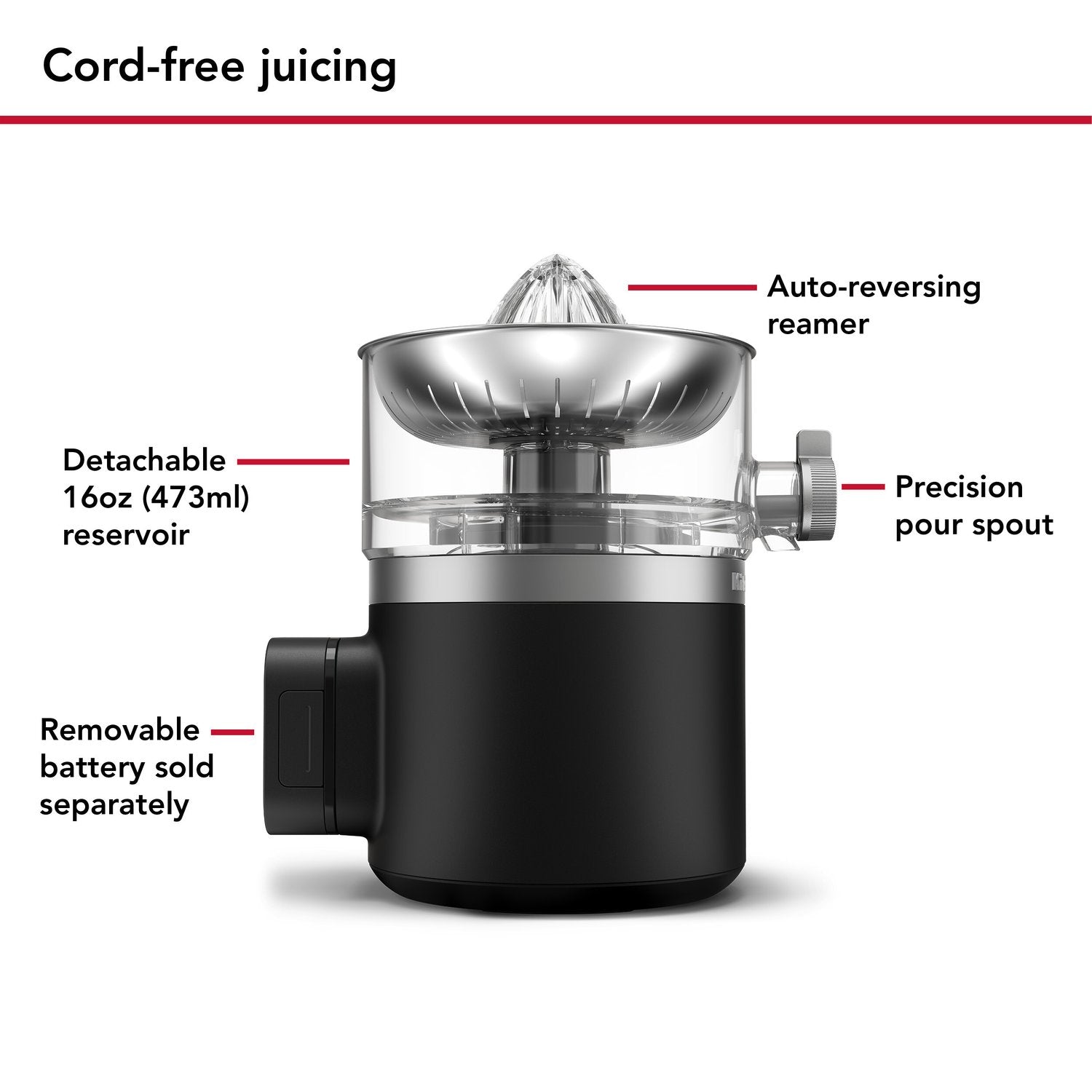 Black matte cordless citrus juicer with clear juicing chamber and adjustable side spout