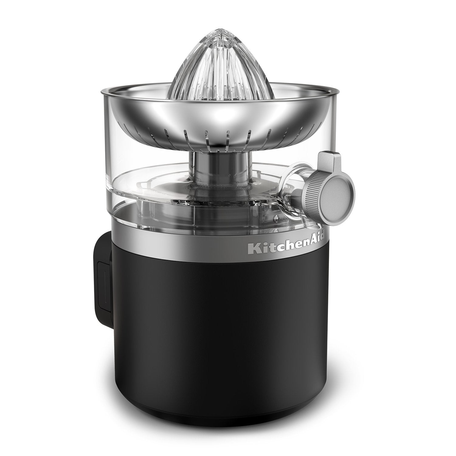 Black matte citrus juicer with clear container and stainless cone press