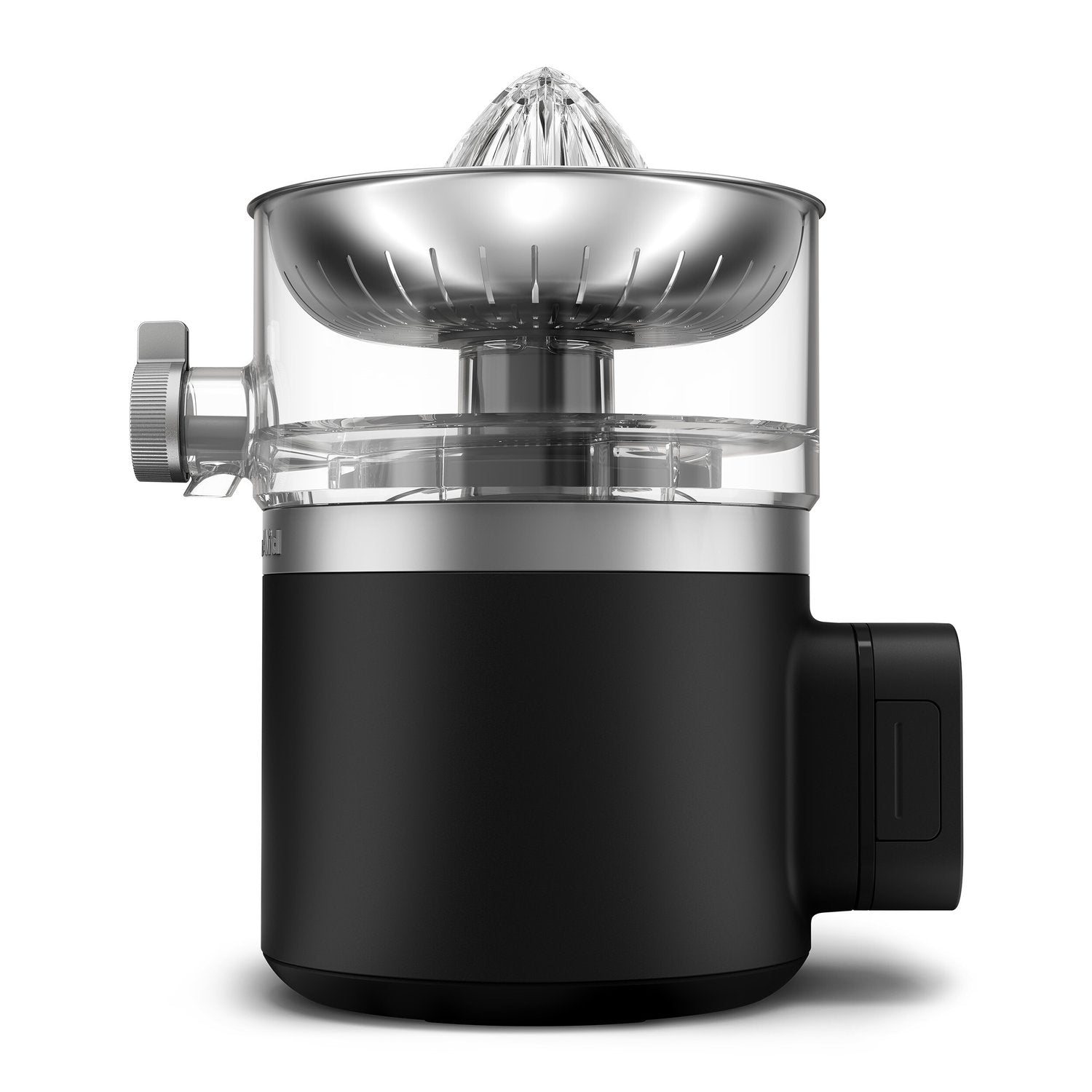Black matte cordless citrus juicer with clear cup and stainless cone