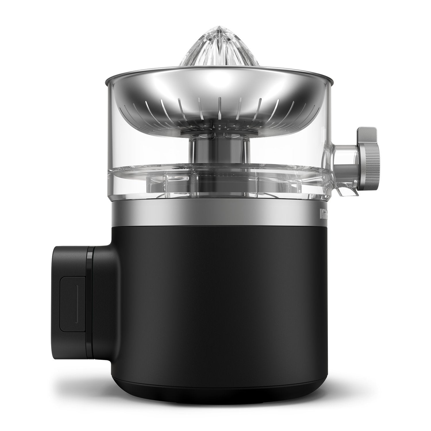Black matte citrus juicer with clear cup and side control dial