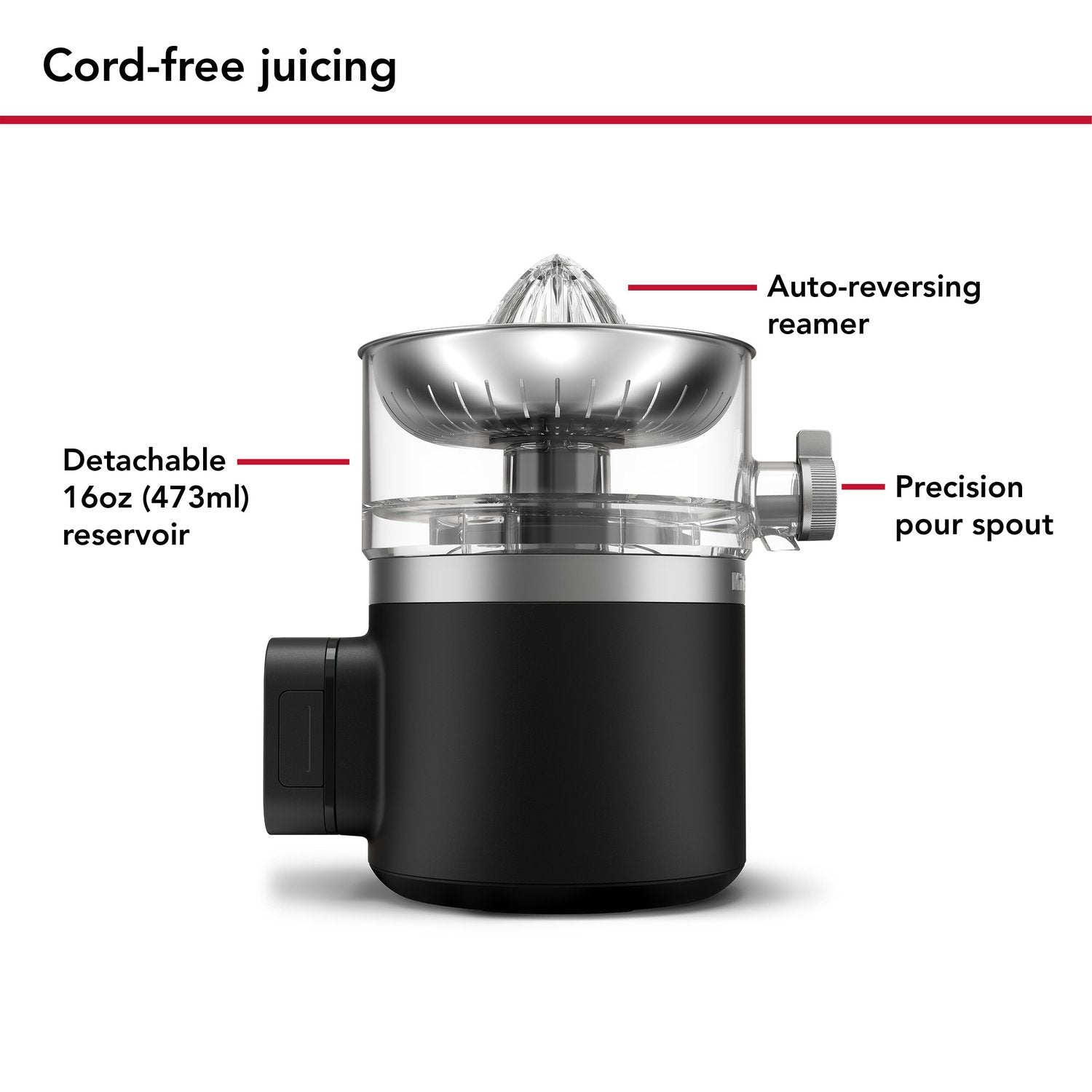 Cordless citrus juicer with pour spout and clear detachable reservoir