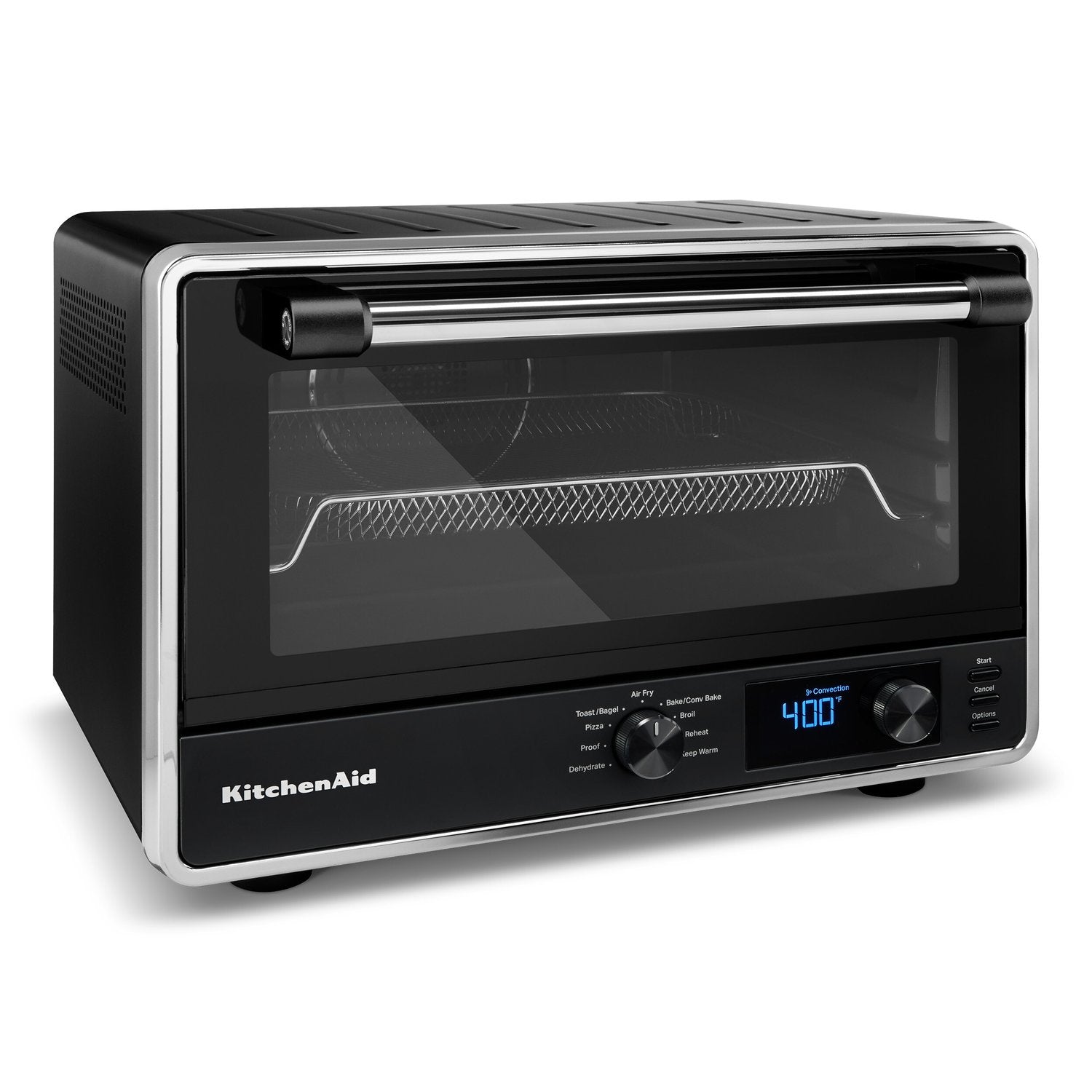 Black matte countertop oven with glass door and horizontal heating elements at top