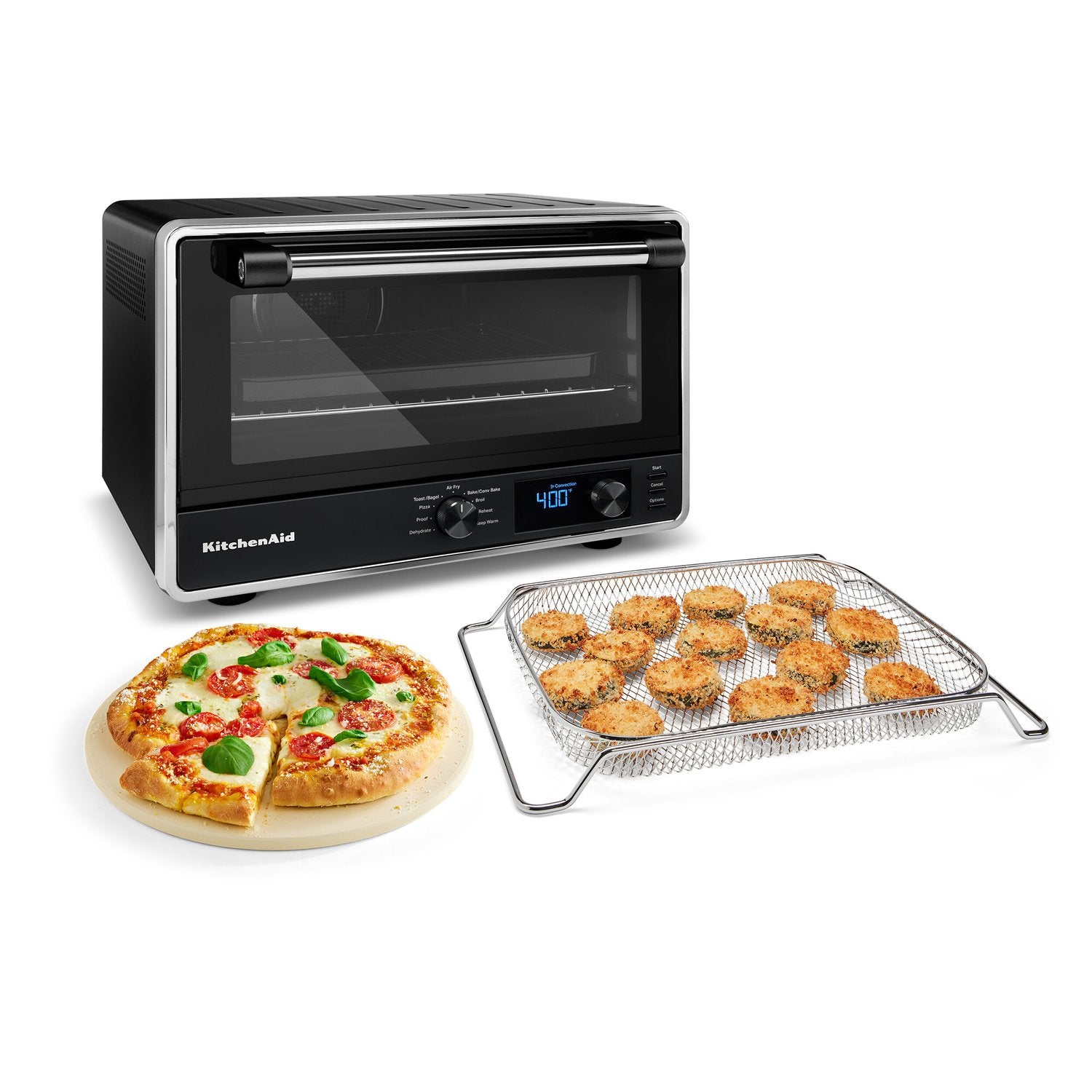 Black matte countertop oven with accessories: wire air-fry basket and pizza on stone