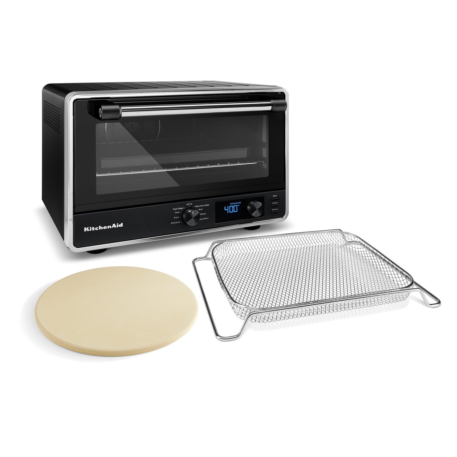 Black matte countertop oven with open door plus pizza stone and empty air-fry basket