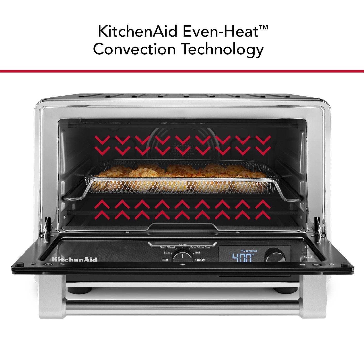 Black matte countertop oven interior with heating pattern display and front control panel