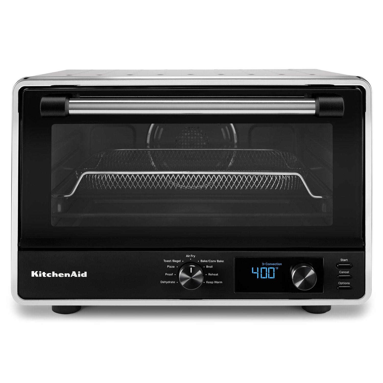 KitchenAid countertop oven front view with glass door and digital temperature display, Contour Silver
