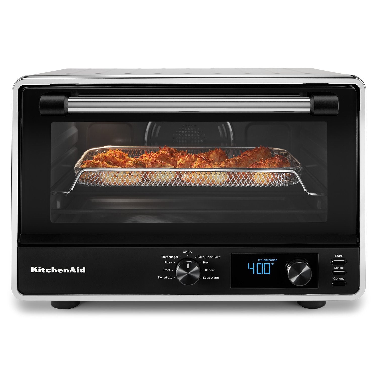 KitchenAid countertop oven with digital display and oven rack inside, Contour Silver exterior