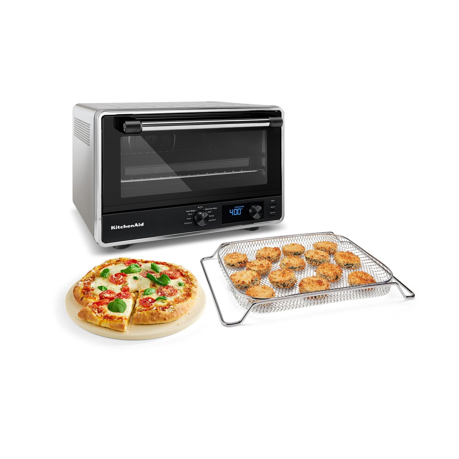 KitchenAid digital countertop oven in Contour Silver with pizza on stone and air-fry basket